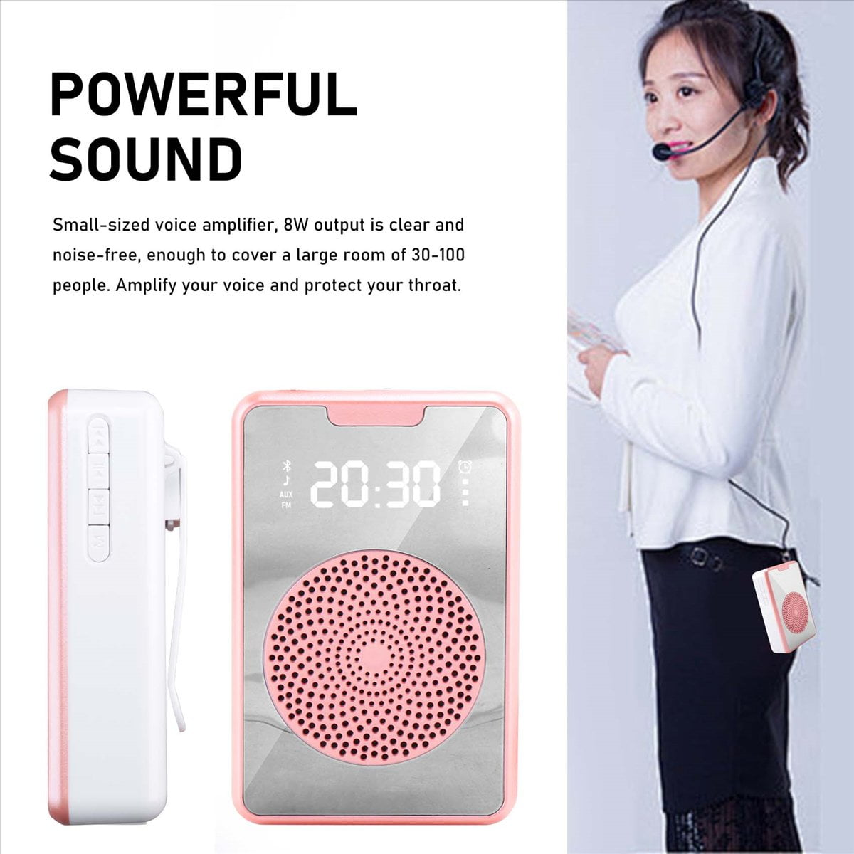 Ein rosa-weißer Sprachverstärker mit Digitalanzeige, gezeigt mit einer Sprecherin, die ihn mit Headset trägt.