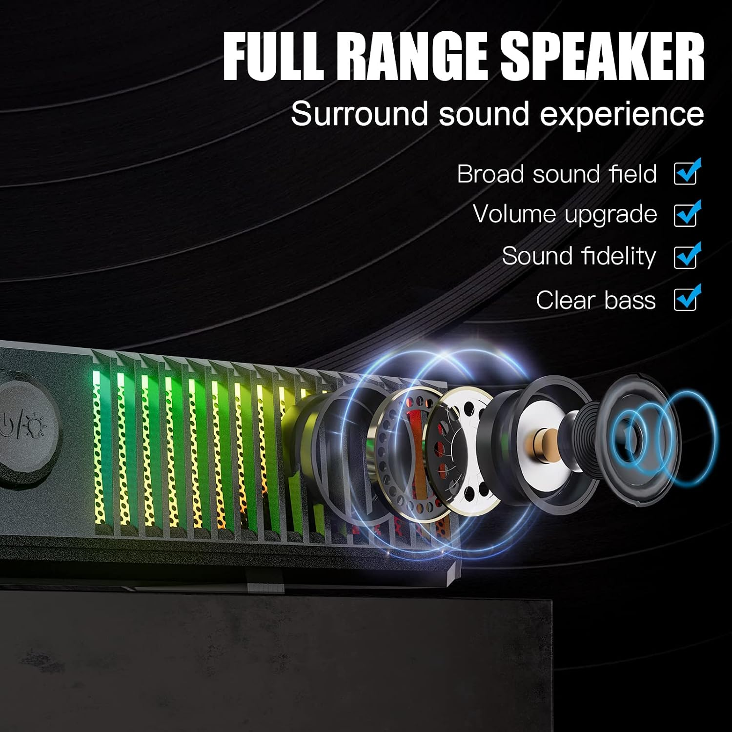 Diagramm zeigt Lautsprecherkomponenten mit grüner LED-Beleuchtung und Text über Surround-Sound-Funktionen.
