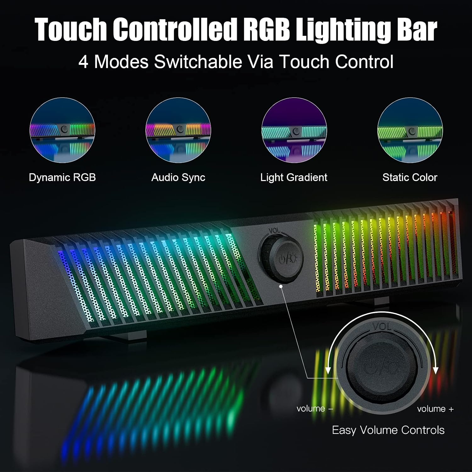 Produktwerbung für eine berührungsempfindliche RGB-Lichtleiste mit vier Modi und Lautstärkeregler.