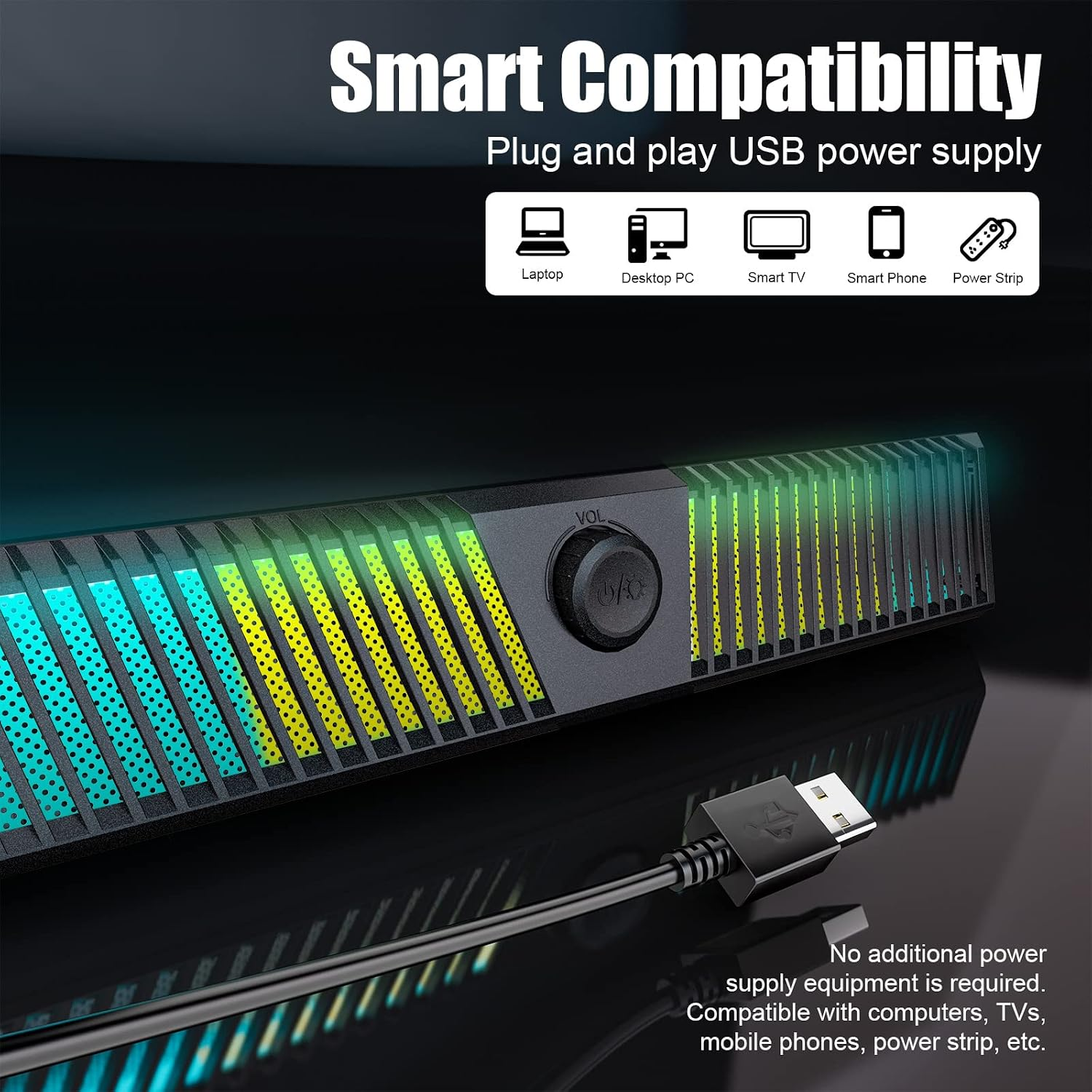 Schwarze Soundbar mit RGB-Beleuchtung, USB-Kabel und Kompatibilitätssymbolen für verschiedene Geräte.