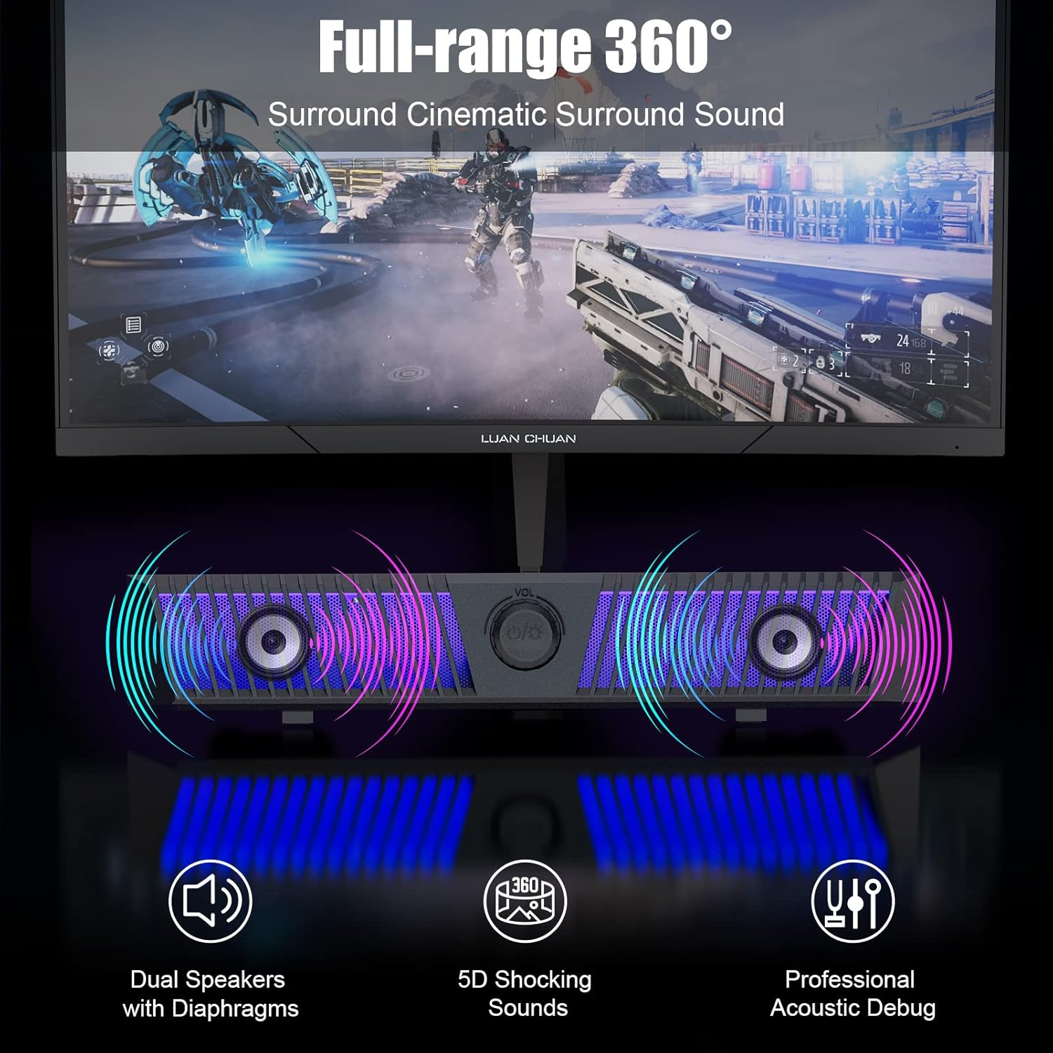 Eine Soundbar mit bunten RGB-Lichtern unter einem Gaming-Monitor, der ein futuristisches Shooter-Spiel anzeigt.