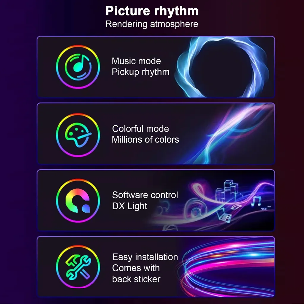 Eine Infografik zeigt Funktionen wie Musikmodus, bunter Modus, Softwaresteuerung und einfache Installation.