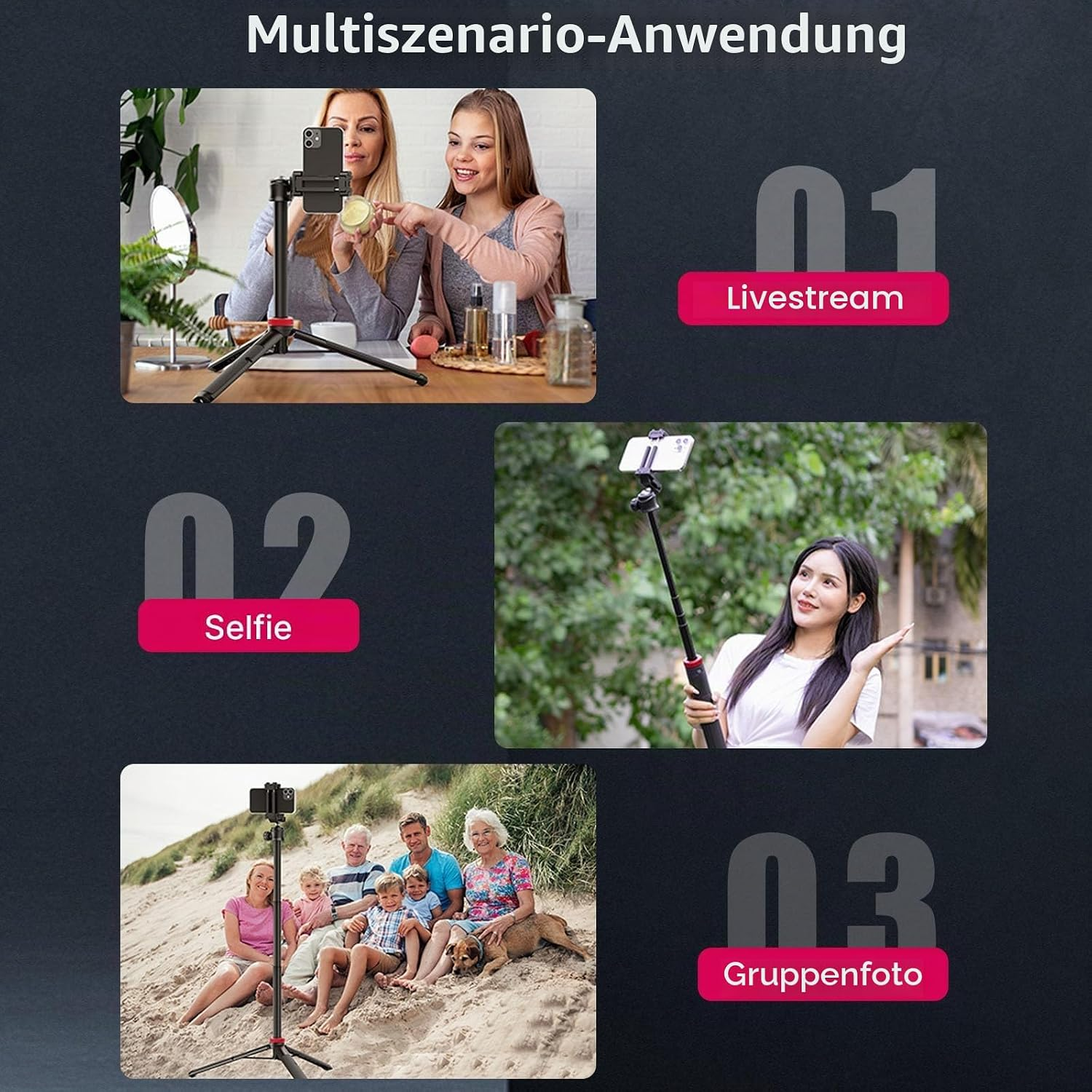 Drei Bilder zeigen ein Smartphone-Stativ im Einsatz für Livestream, Selfie und Gruppenfoto.