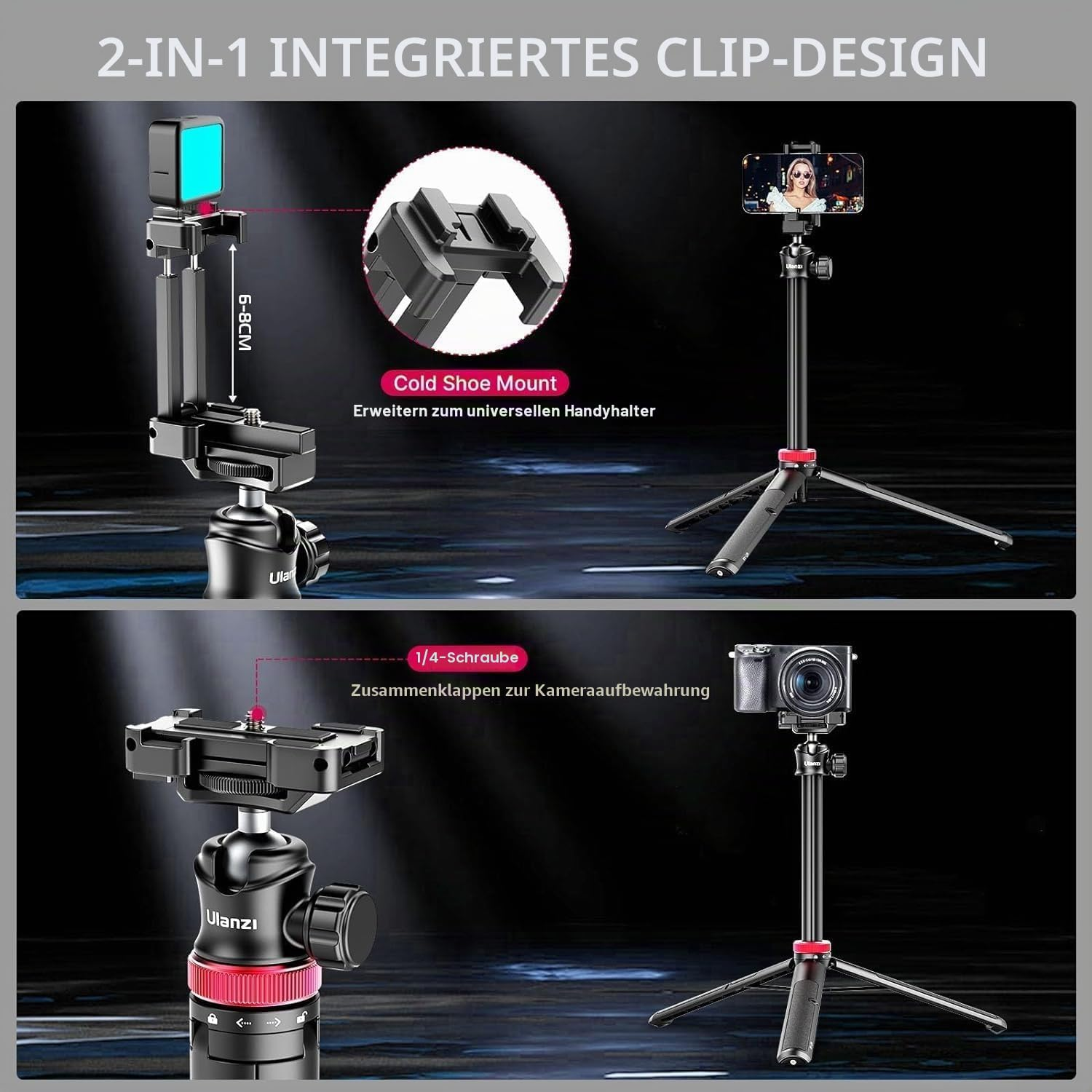 Ein Ulanzi Stativ mit integriertem Clip-Design, Cold-Shoe-Halterung und 1/4-Zoll-Schraube für Smartphones und Kameras.