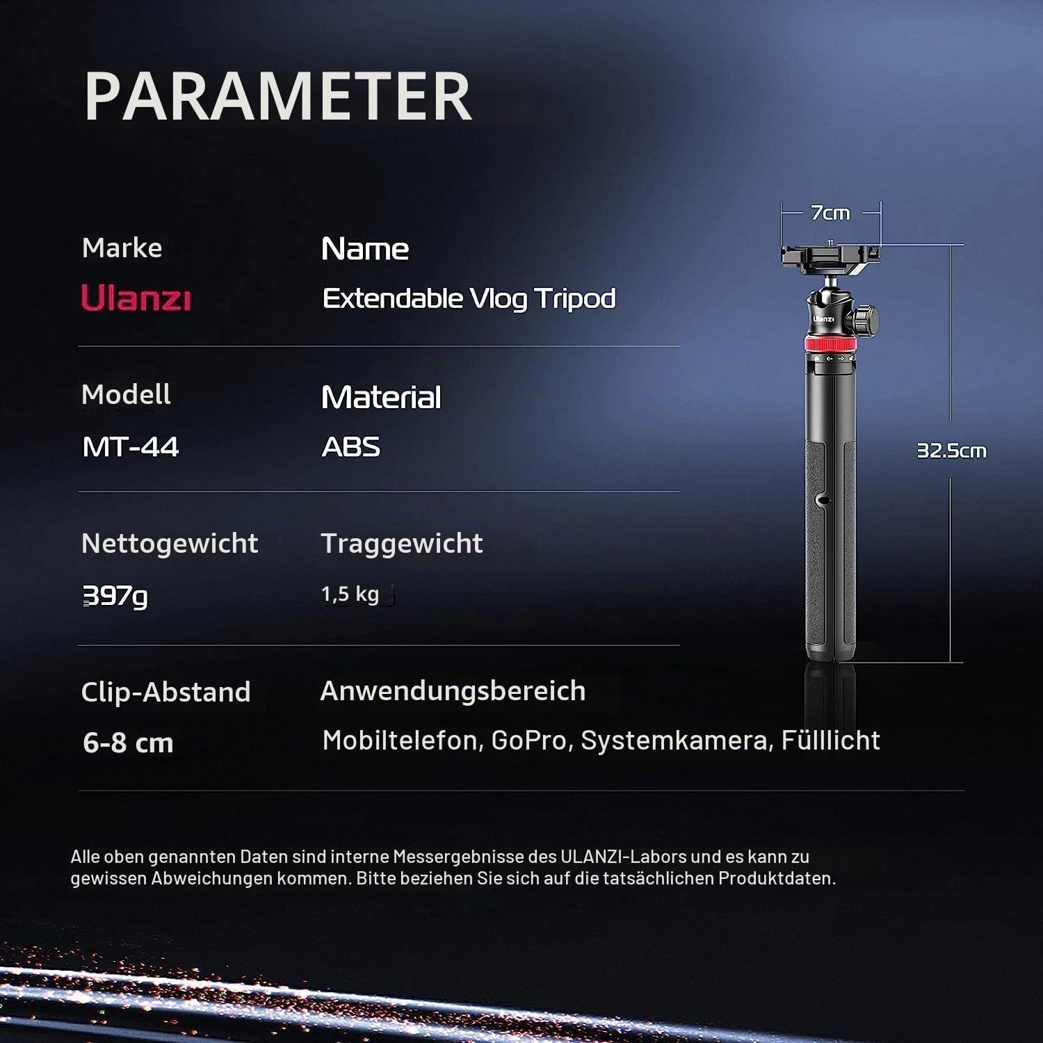 Übersichtstabellse für den Ulanzi MT-44 Extendable Vlog Tripod mit technischen Daten auf schwarzem Hintergrund.