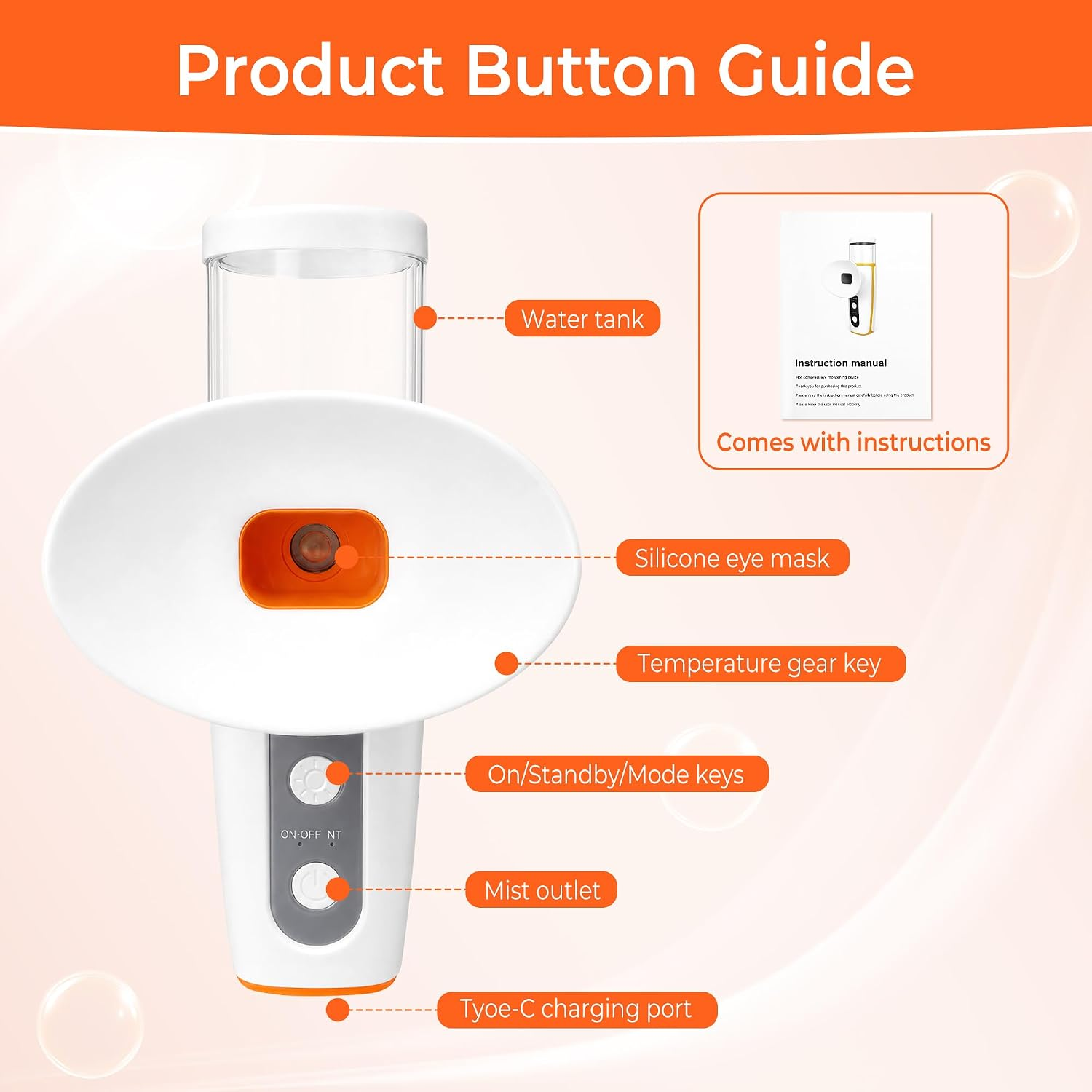 Diagramm eines Gesichtsdampfers mit Produktteilen wie Wassertank, Maske und Tasten.