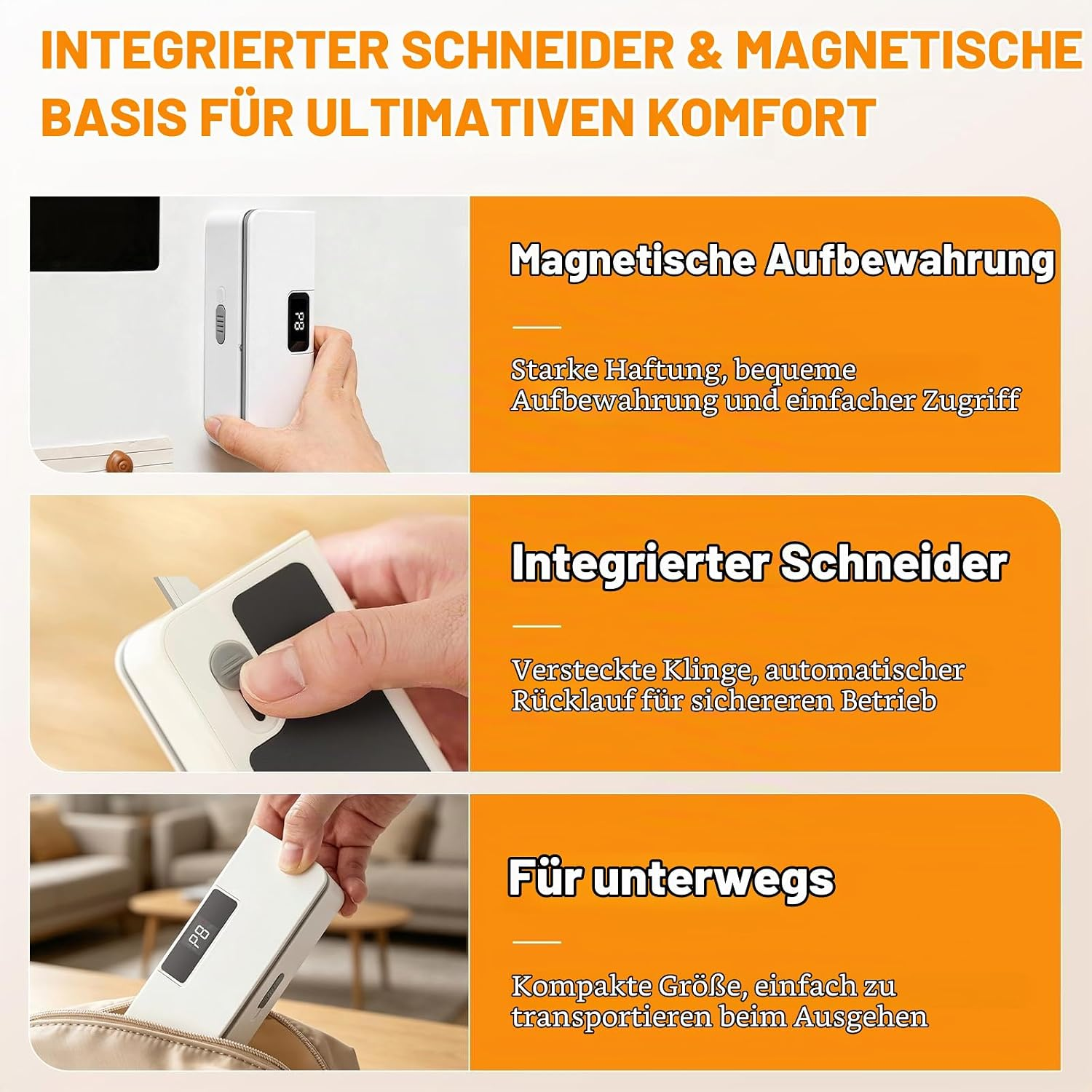 Produktwerbung mit magnetischer Aufbewahrung, integriertem Schneider und kompakter Größe für unterwegs.