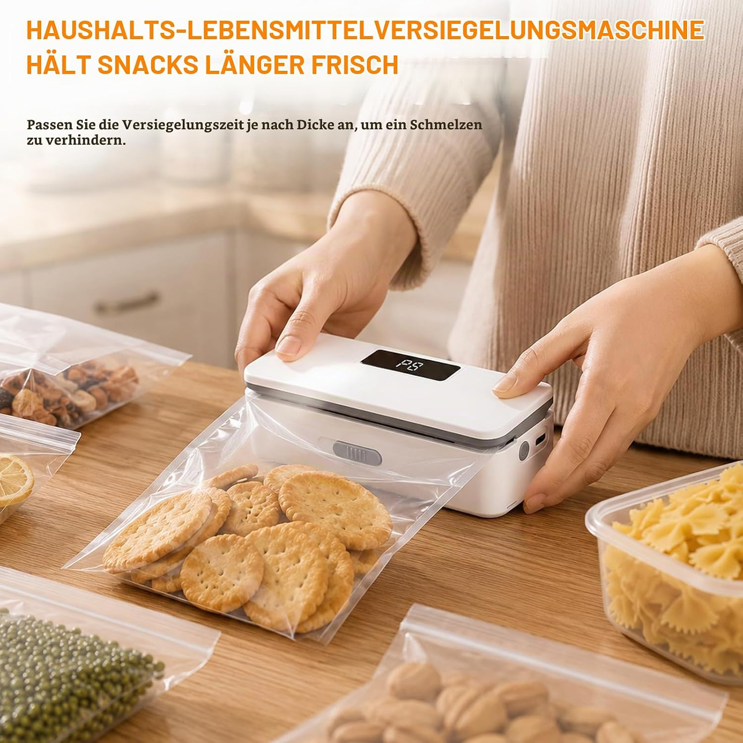 Eine Person versiegelt eine Plastiktüte mit Keksen mit einem tragbaren weißen Folienschweißgerät.