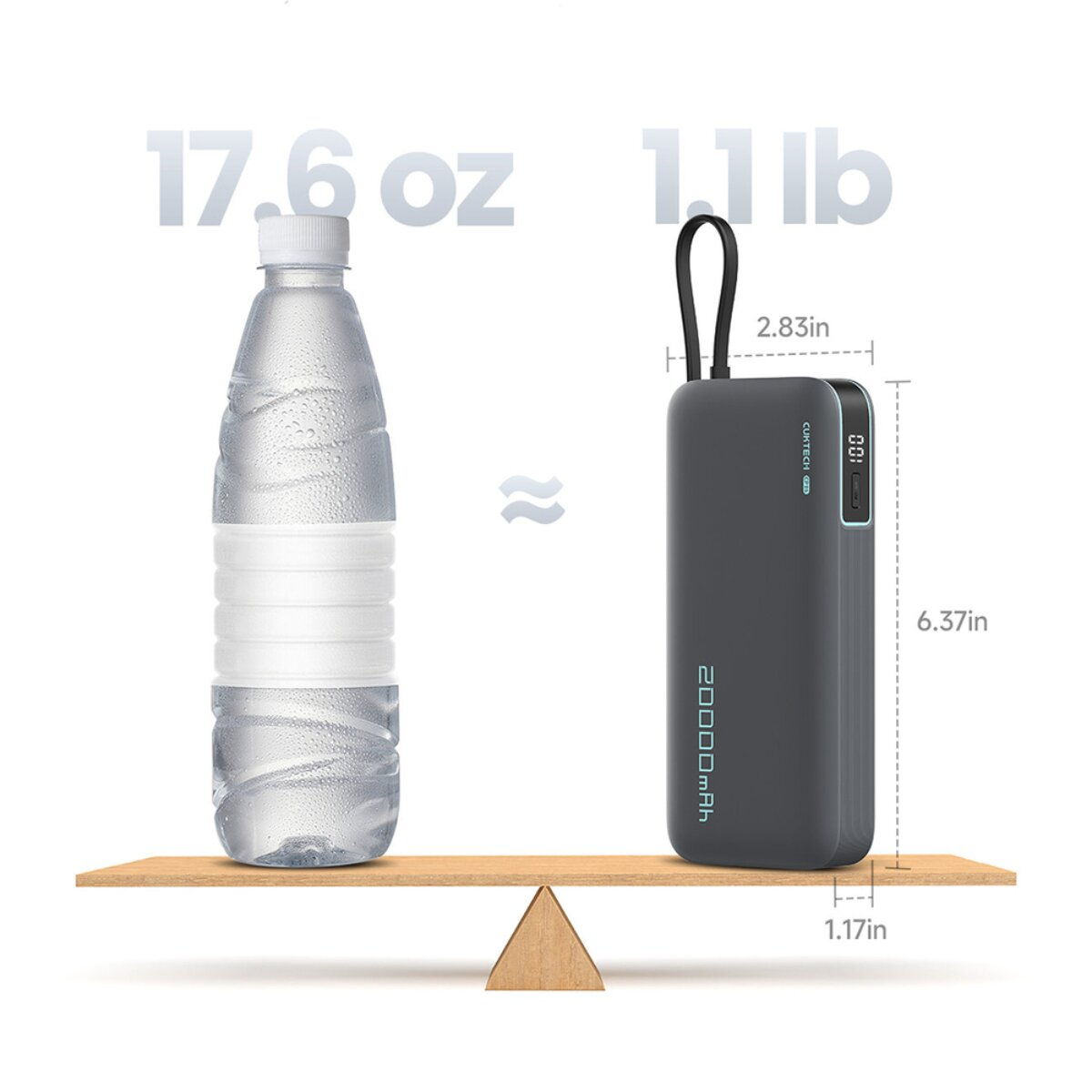 Eine Wasserflasche und eine Powerbank auf einer Wippe mit Maßangaben.