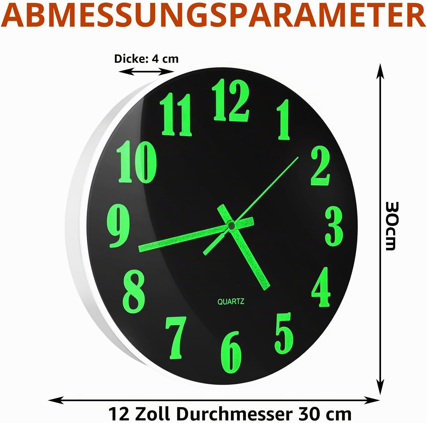Schwarze Wanduhr mit leuchtend grünen Zahlen und Zeigern, 30 cm Durchmesser.
