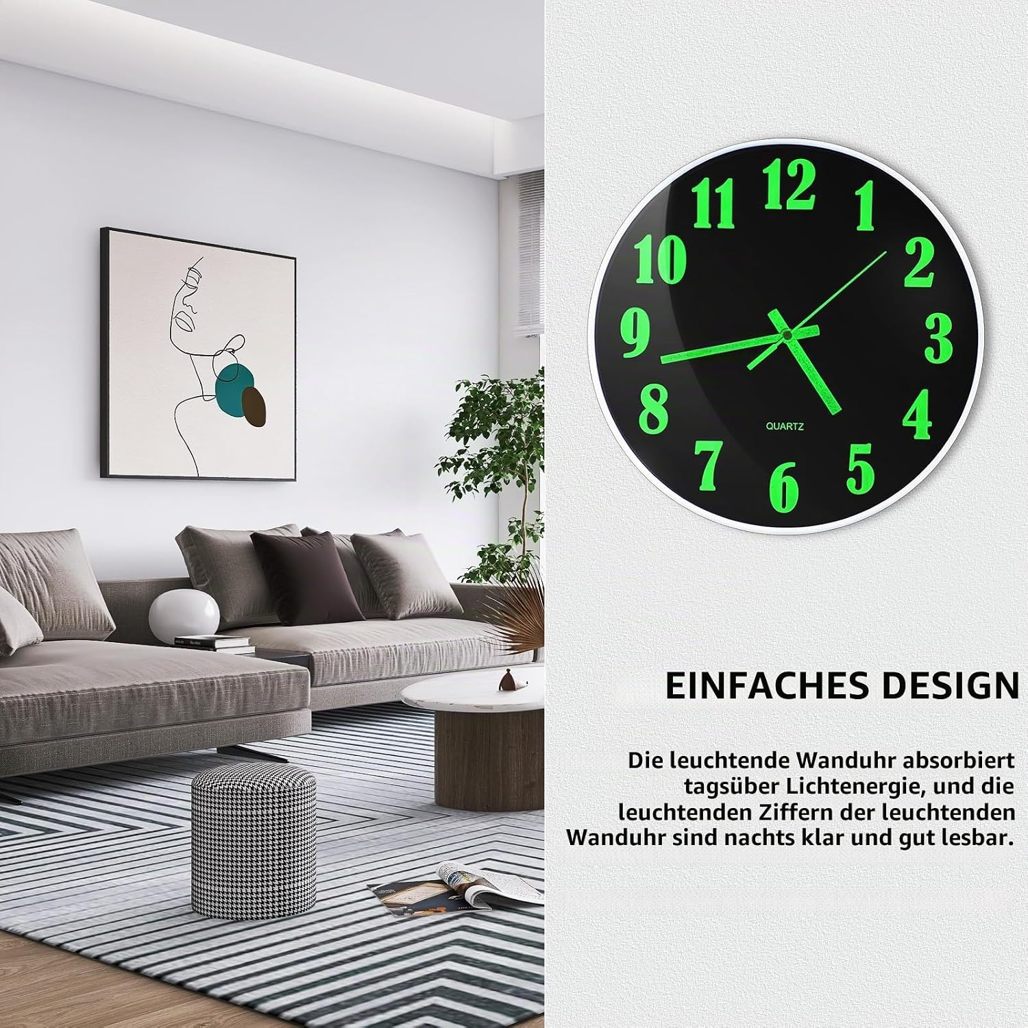 Eine Leuchtuhr mit grünen Zahlen hängt an einer weißen Wand neben einem Wohnzimmer.