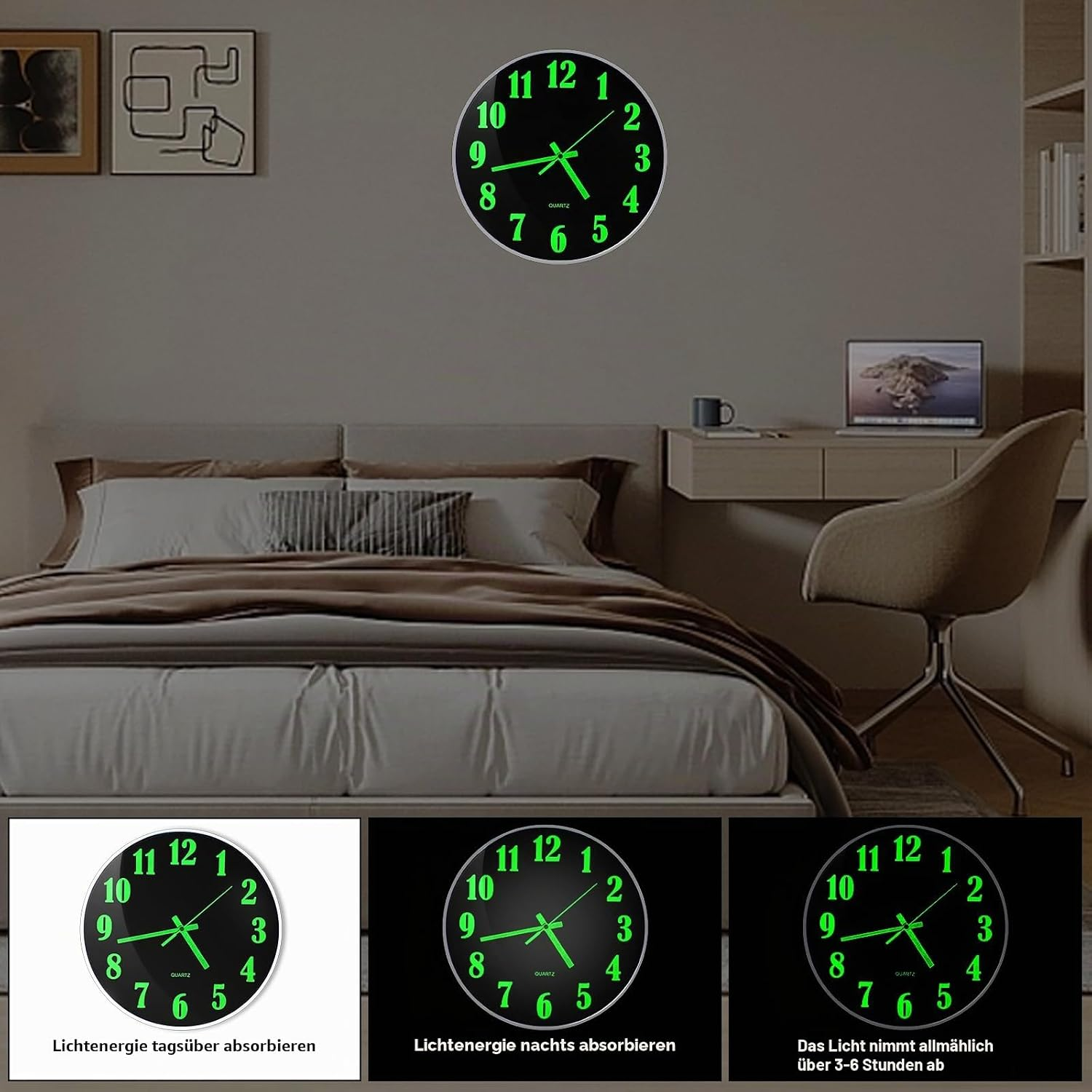Ein Schlafzimmer mit Bett und Schreibtisch und einer leuchtend grünen Wanduhr mit drei Schaubildern.