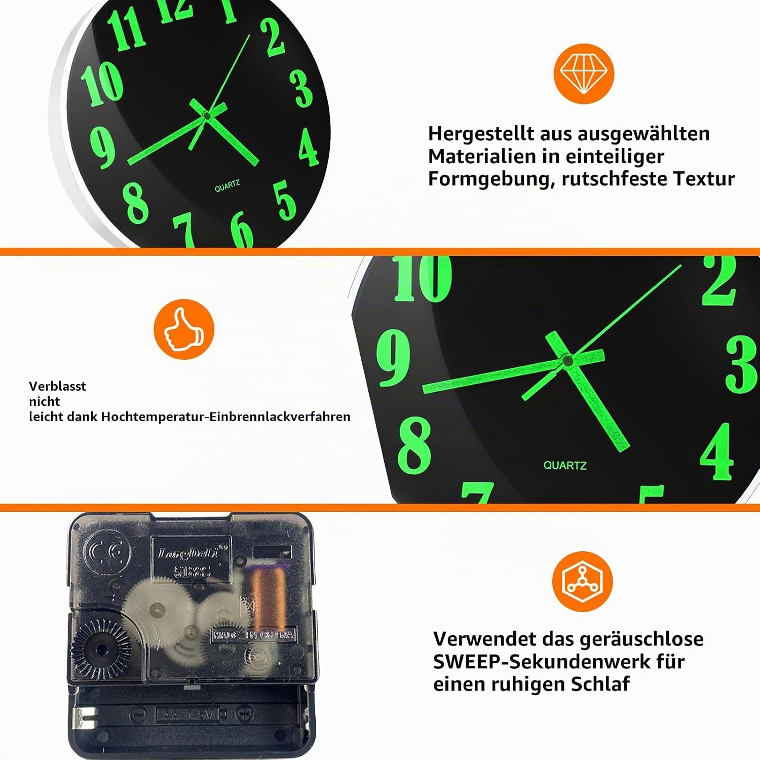 Wanduhr mit leuchtenden Zeigern und Ziffern sowie Einblick in das leise Uhrwerk.