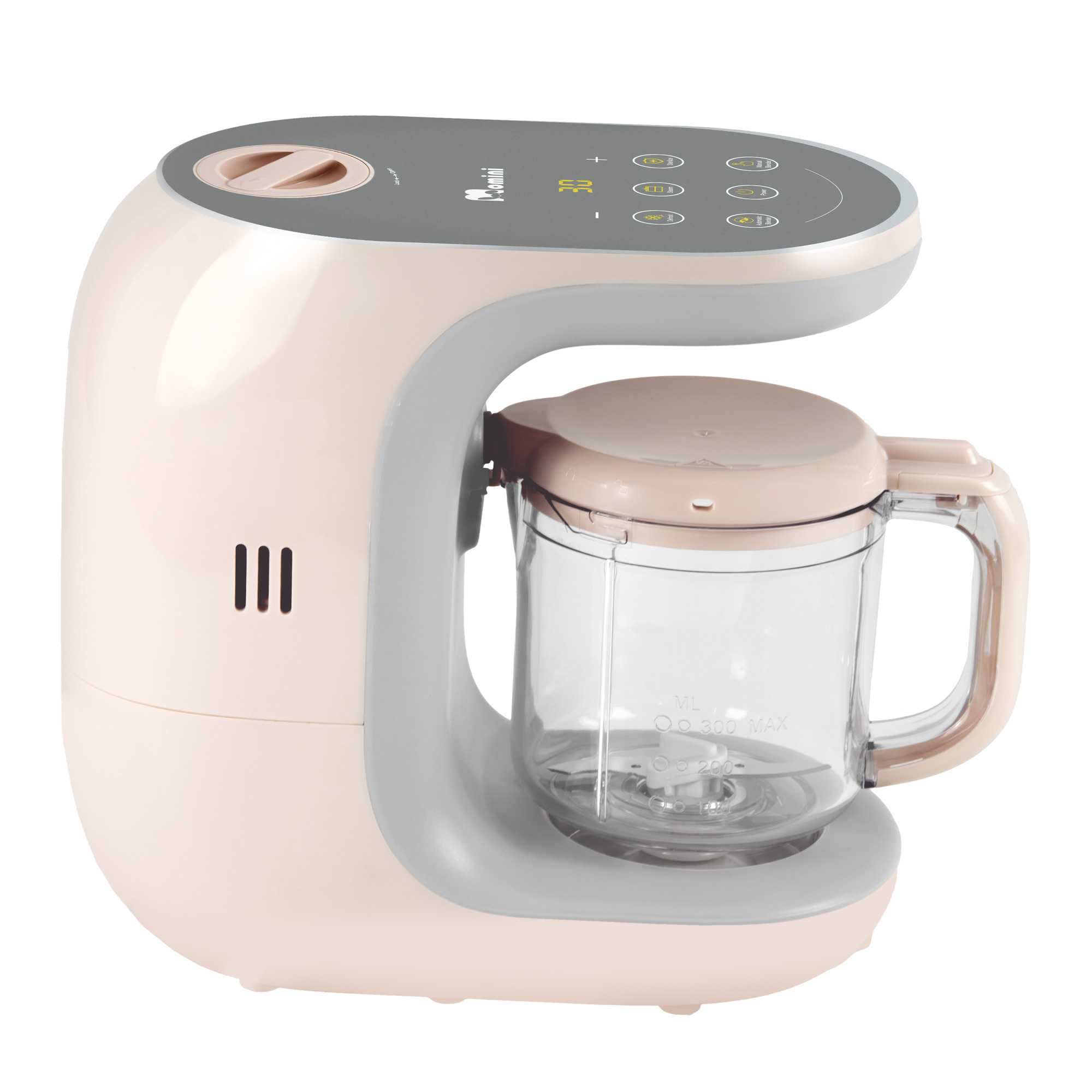 Un robot da cucina per neonati beige e grigio con caraffa trasparente e pannello di controllo su sfondo bianco.