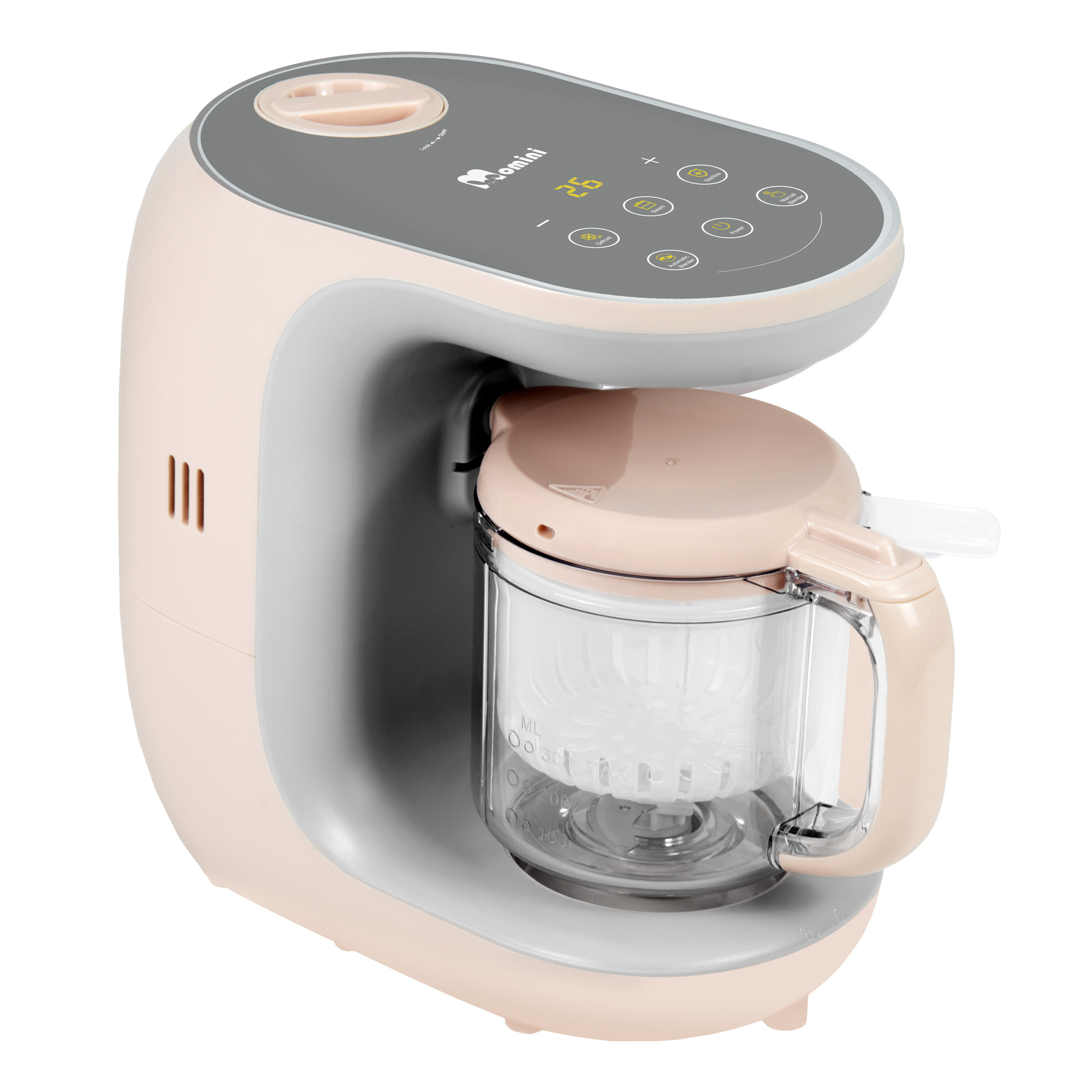 Robot da cucina per neonati rosa e grigio con pannello digitale e caraffa trasparente.