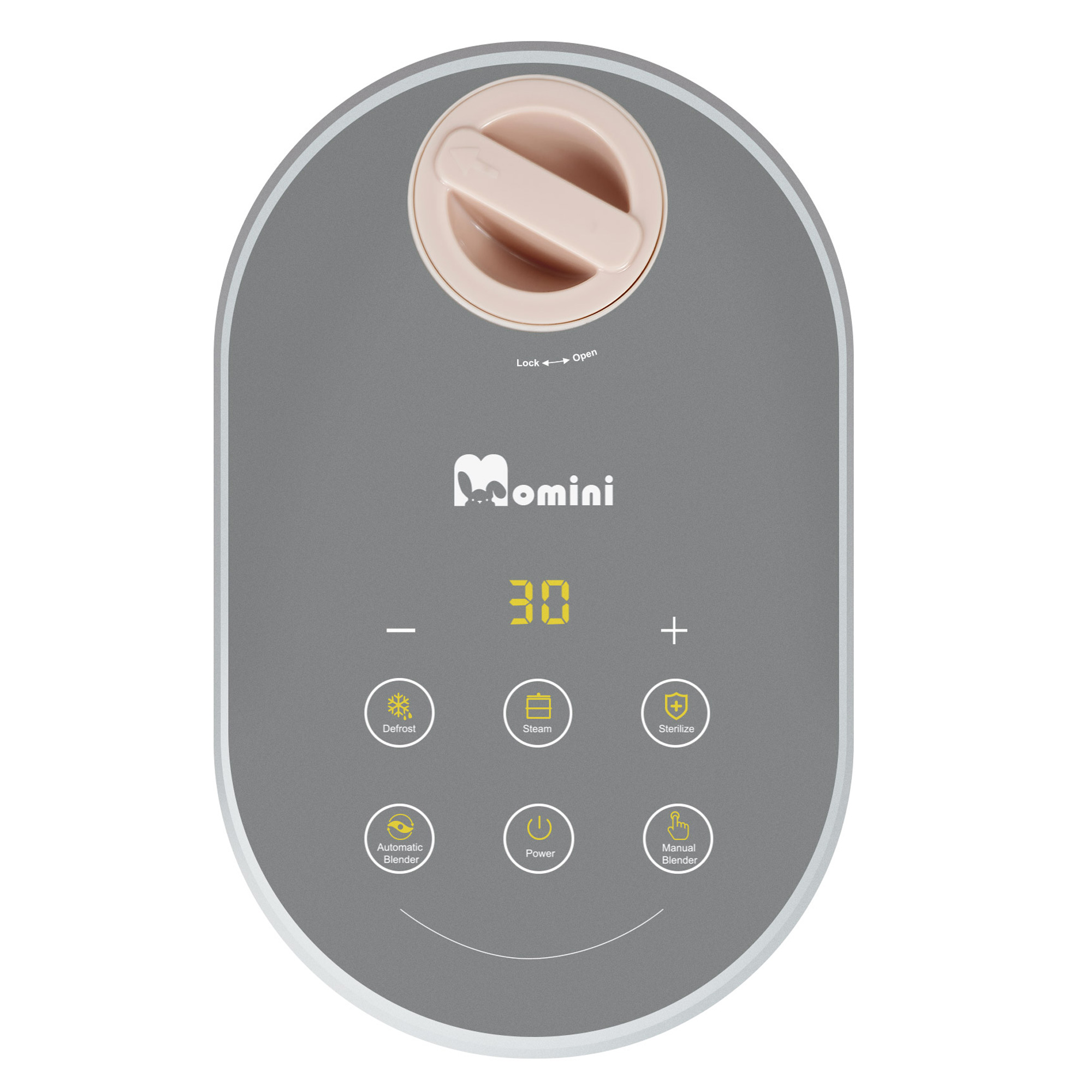 Pannello di controllo grigio con pulsanti a sfioramento rotondi, display digitale, manopola rosa e logo Momini.