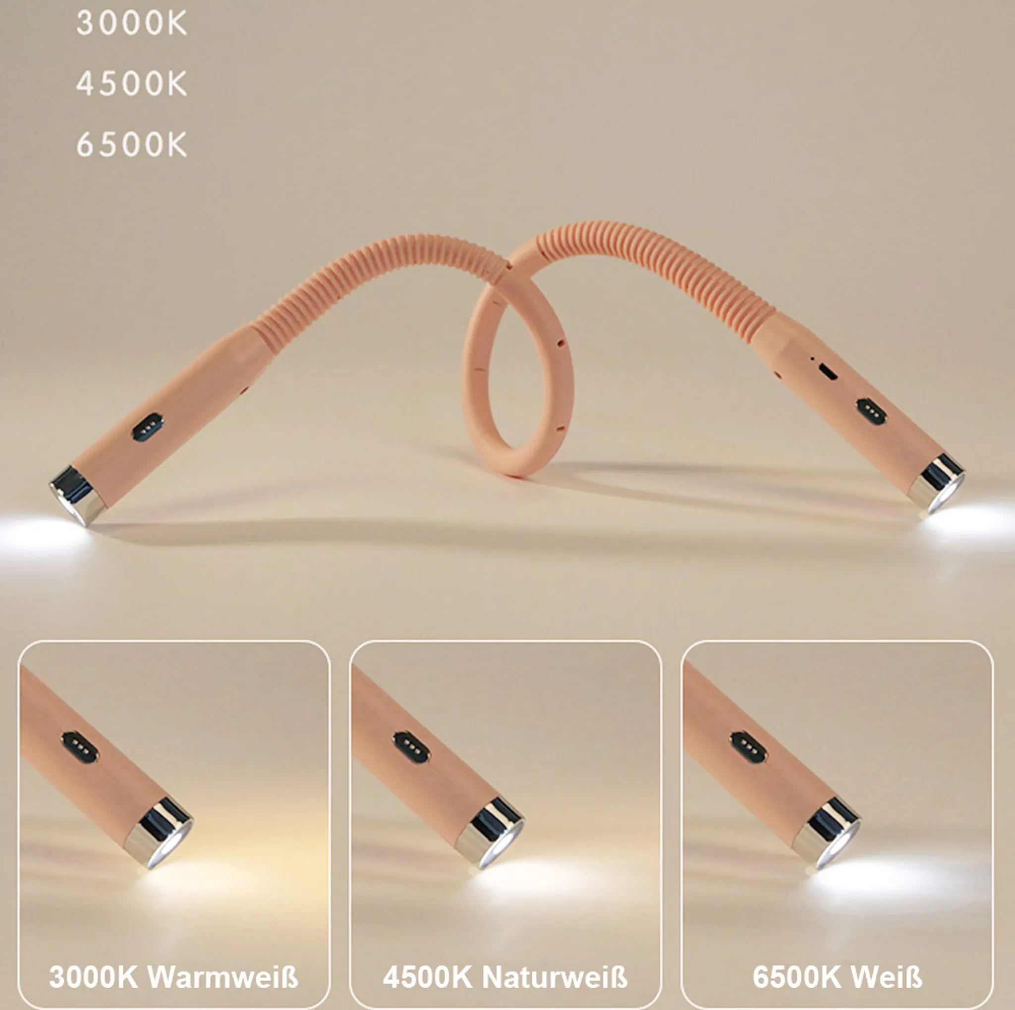 Eine flexible pinke Leselampe mit drei Farbtemperaturen: 3000K warm, 4500K natürlich und 6500K weiß.