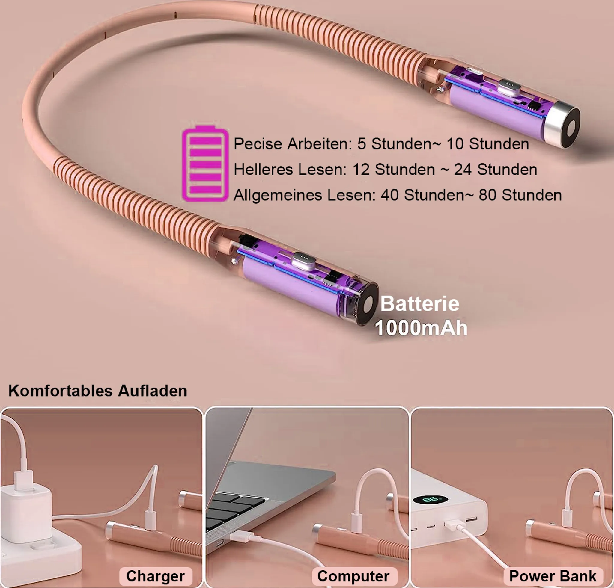 Rosa Nackenleuchte mit internem Akku und Ladeoptionen über Ladegerät, Computer und Powerbank.