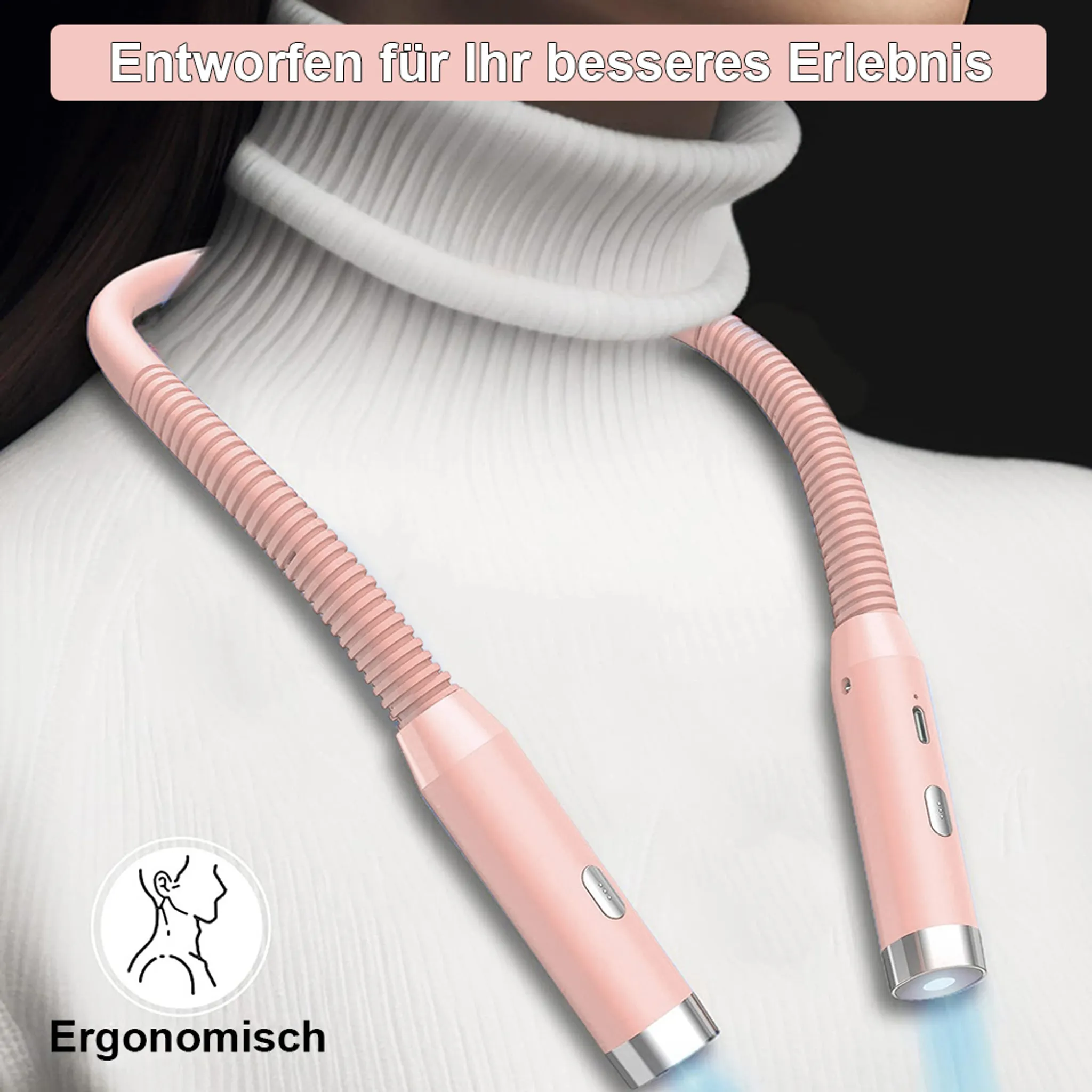 Rosa Nackenventilator um den Hals einer Frau in einem weißen Rollkragenpullover mit blauem Lichtstrahl.