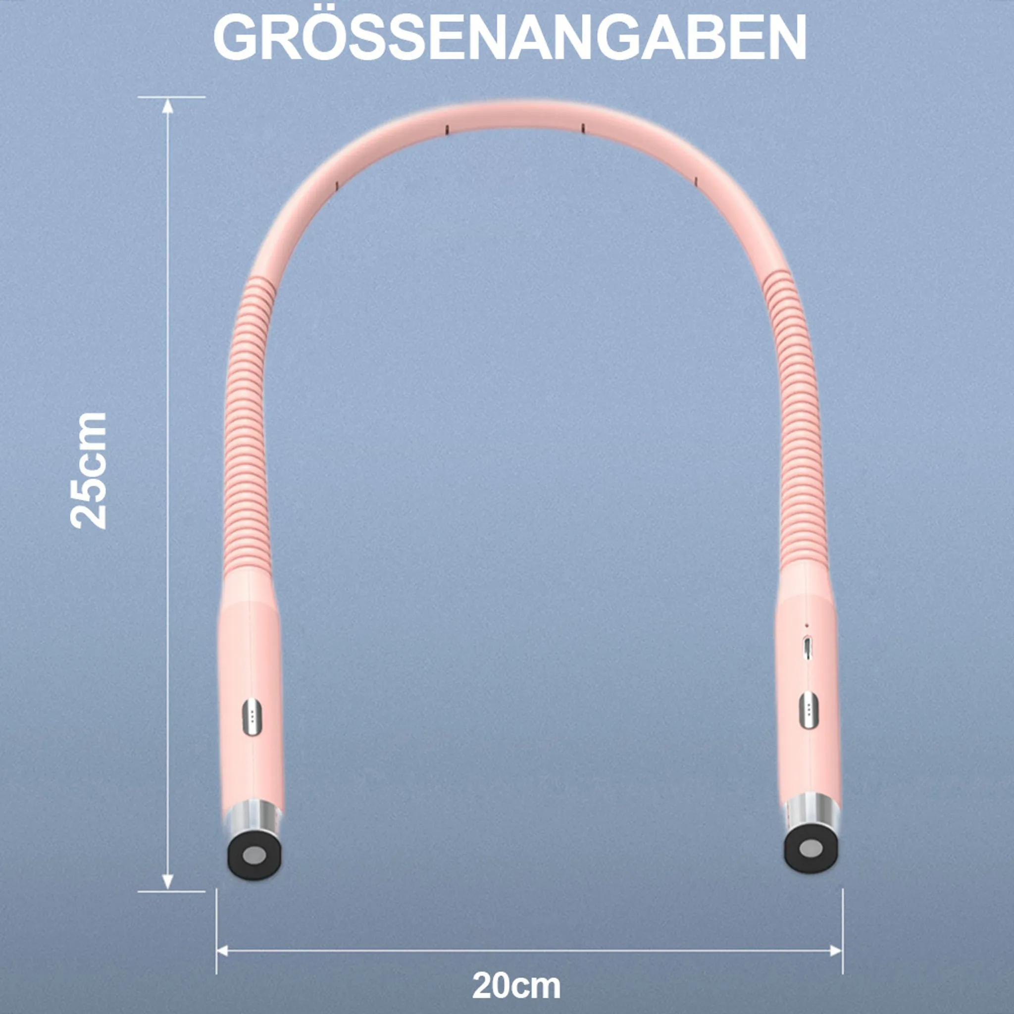 Rosa Nackenventilator mit Maßangaben von 25 cm Höhe und 20 cm Breite auf blauem Hintergrund.