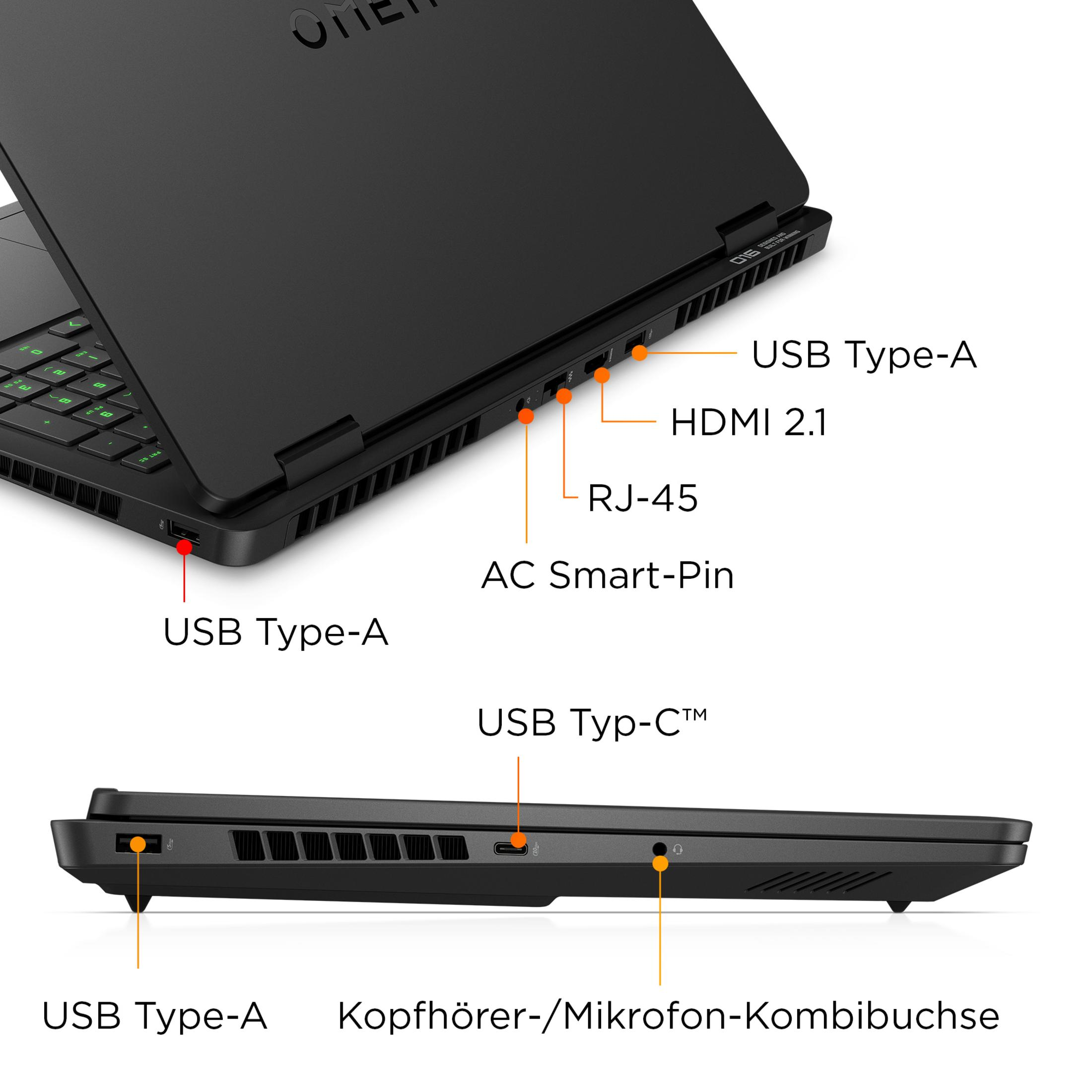 Diagramm zeigt die Anschlüsse eines schwarzen Laptops, einschließlich USB, HDMI, RJ-45 und Audiobuchse.
