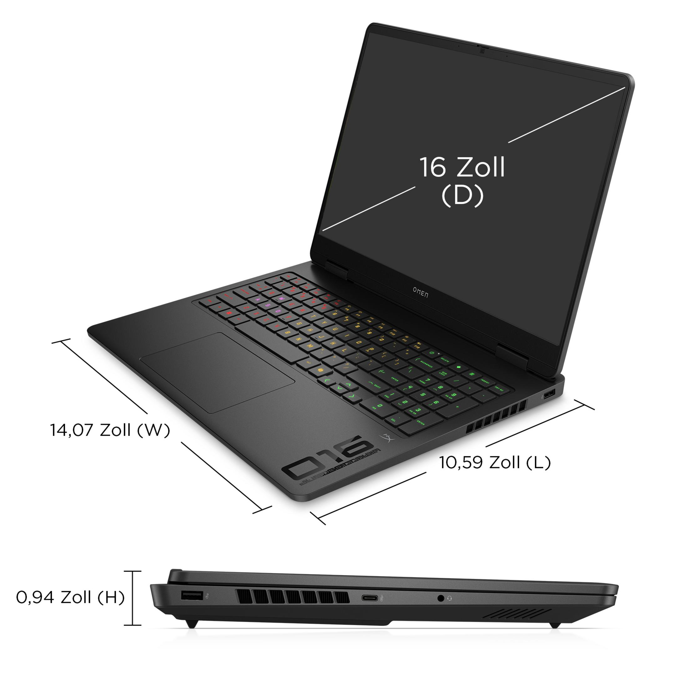 Schwarzer Laptop mit Maßangaben für Breite, Länge, Höhe und Bildschirmdiagonale.