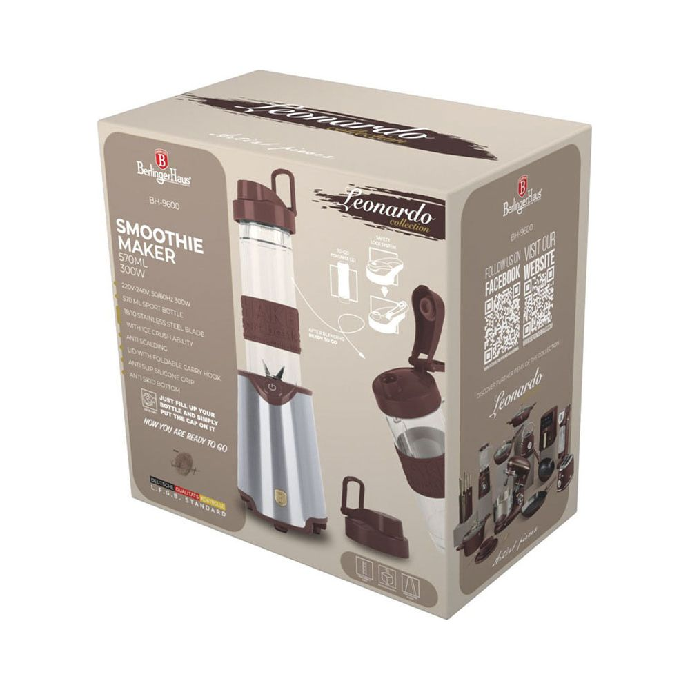 Boîte d'emballage d'un blender marron et argenté avec des photos de produits et des spécifications.