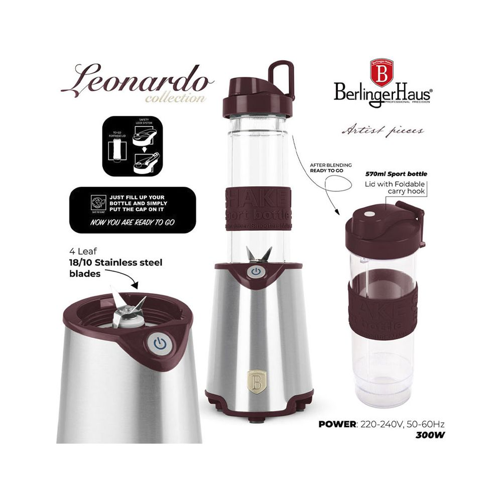 Mixeur argenté avec accents bordeaux, gourde de 570ml, lames en acier inoxydable et détails textuels.