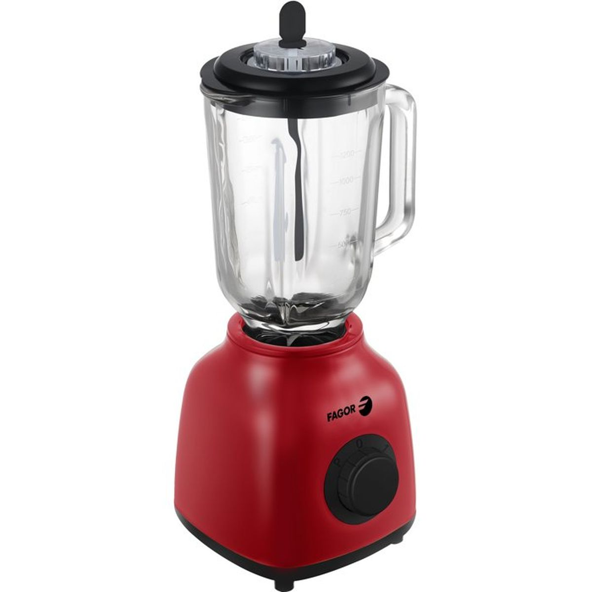 Un frullatore rosso con caraffa in vetro e coperchio nero su sfondo bianco.