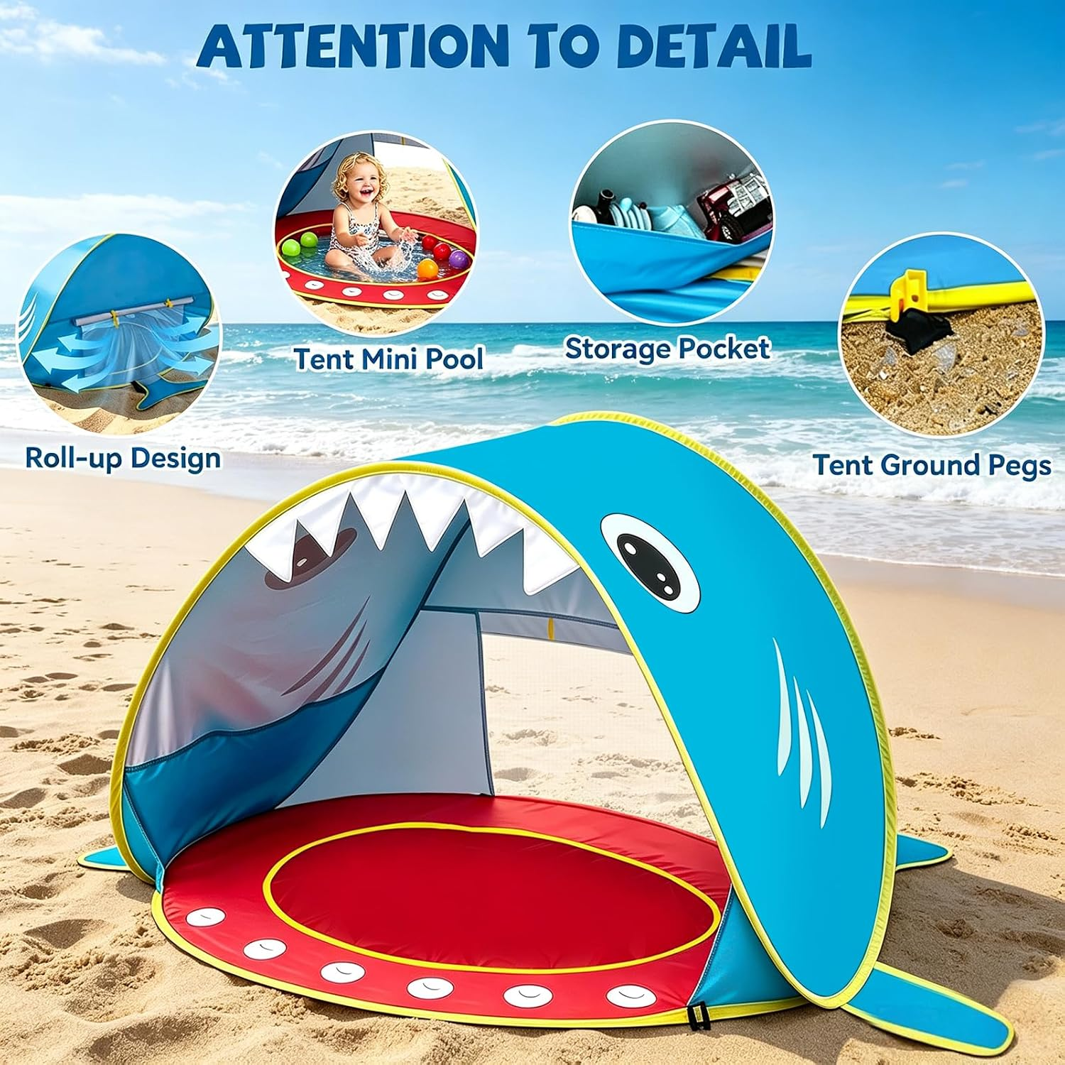 Kinderstrandzelt im Haifisch-Design auf Sand mit vier Detailbildern oben.