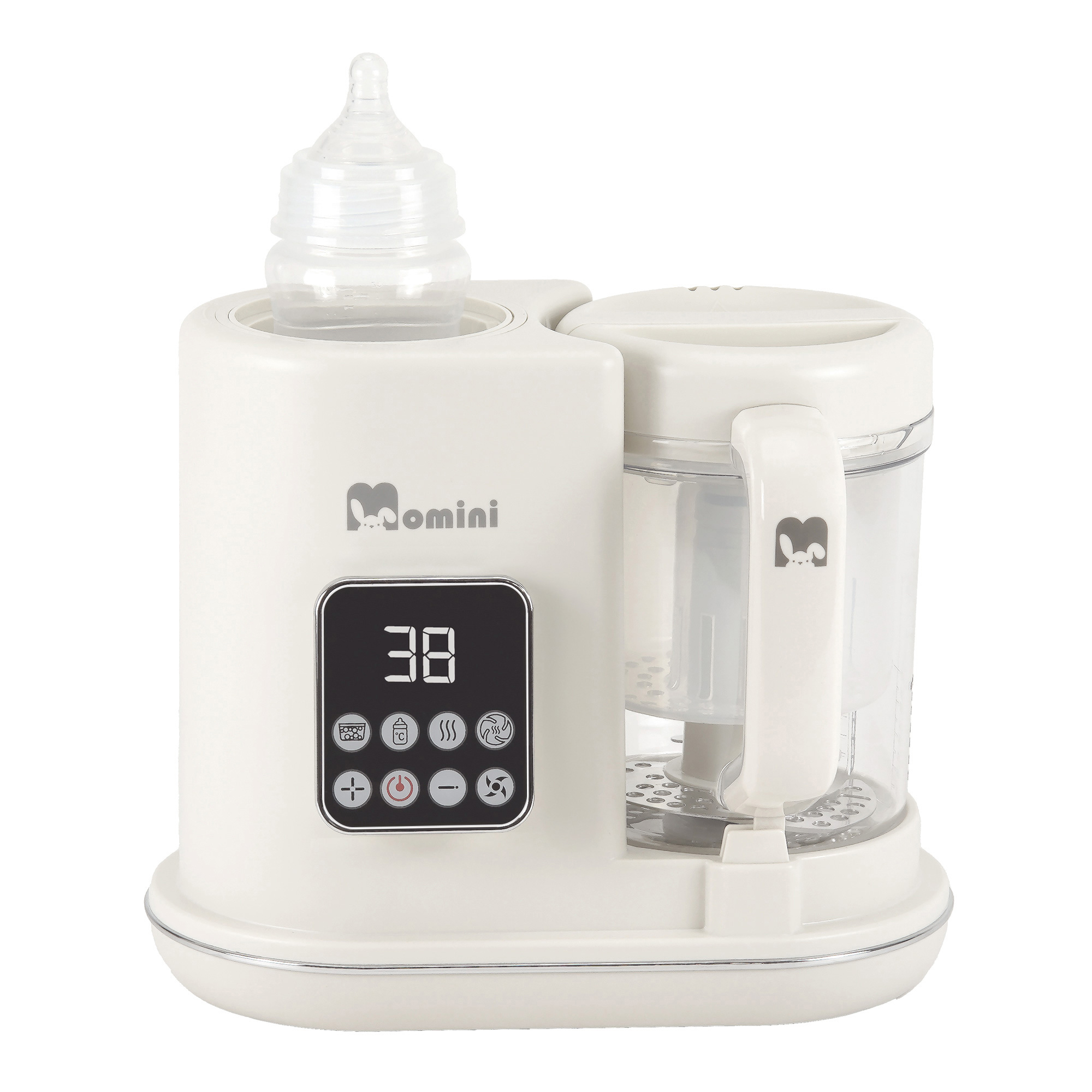 Uno scaldabiberon e cuocipappa Momini bianco con display digitale e biberon.