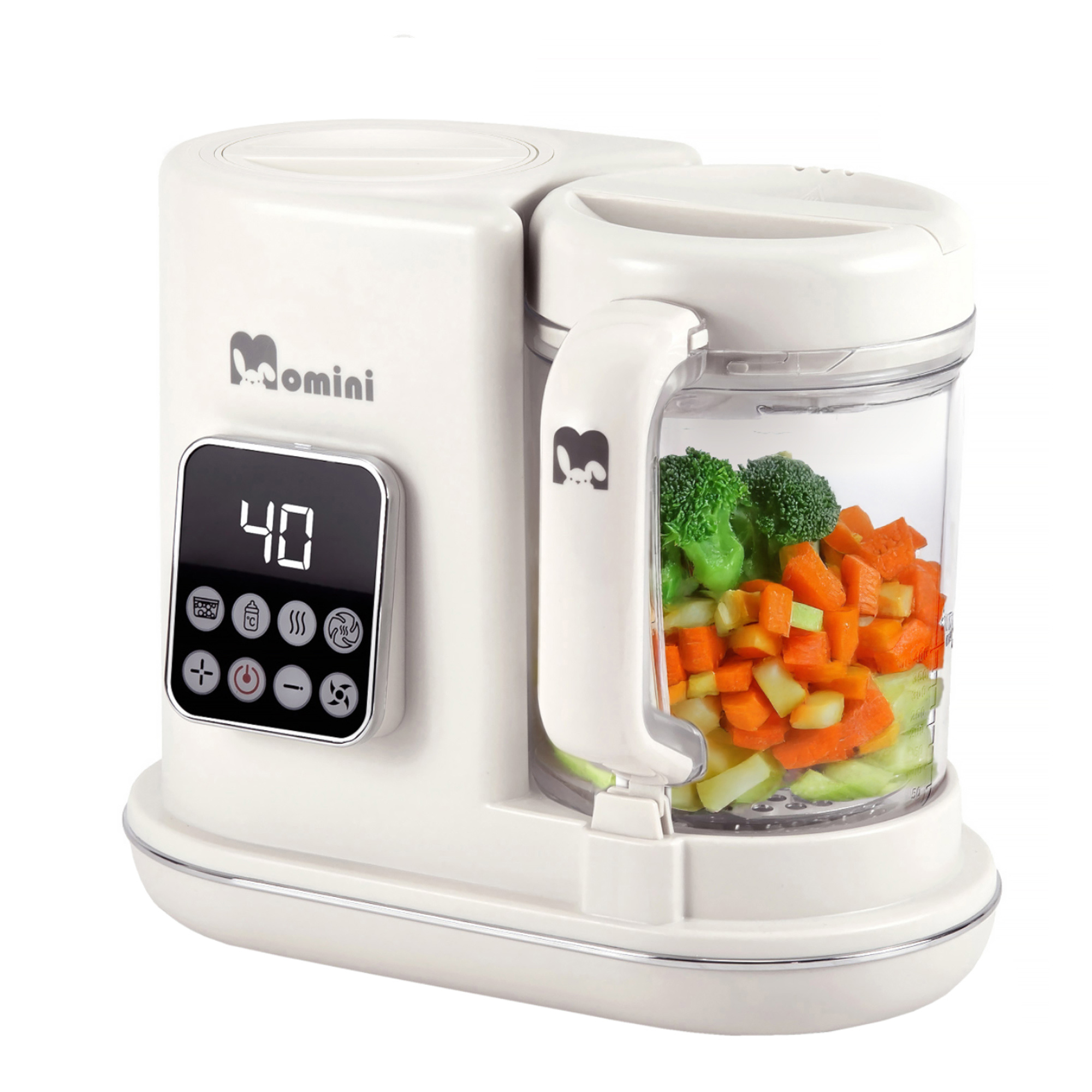 Robot da cucina per neonati bianco con display digitale e contenitore pieno di verdure.
