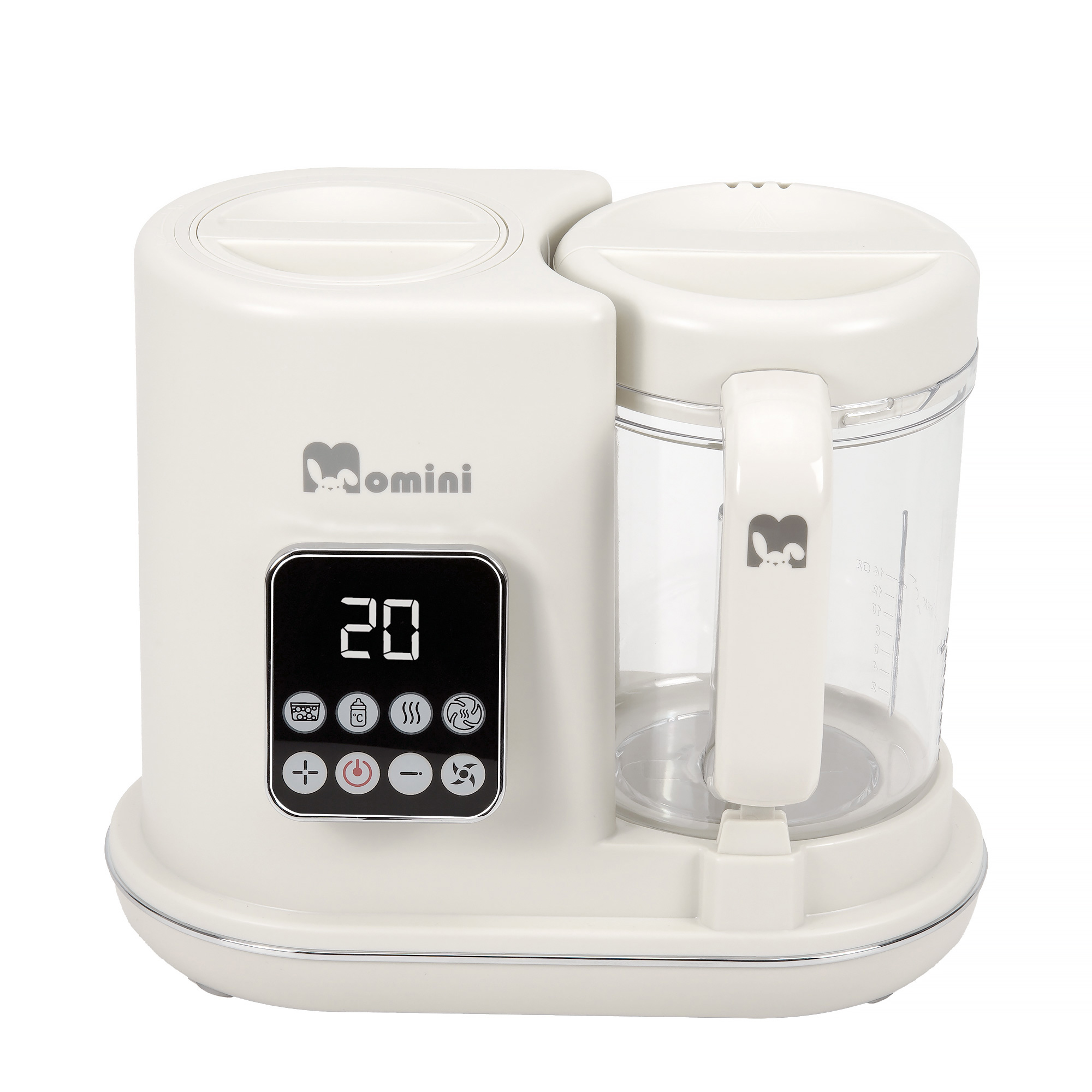 Un robot da cucina per neonati beige con display digitale, pulsanti e caraffa trasparente su sfondo bianco.