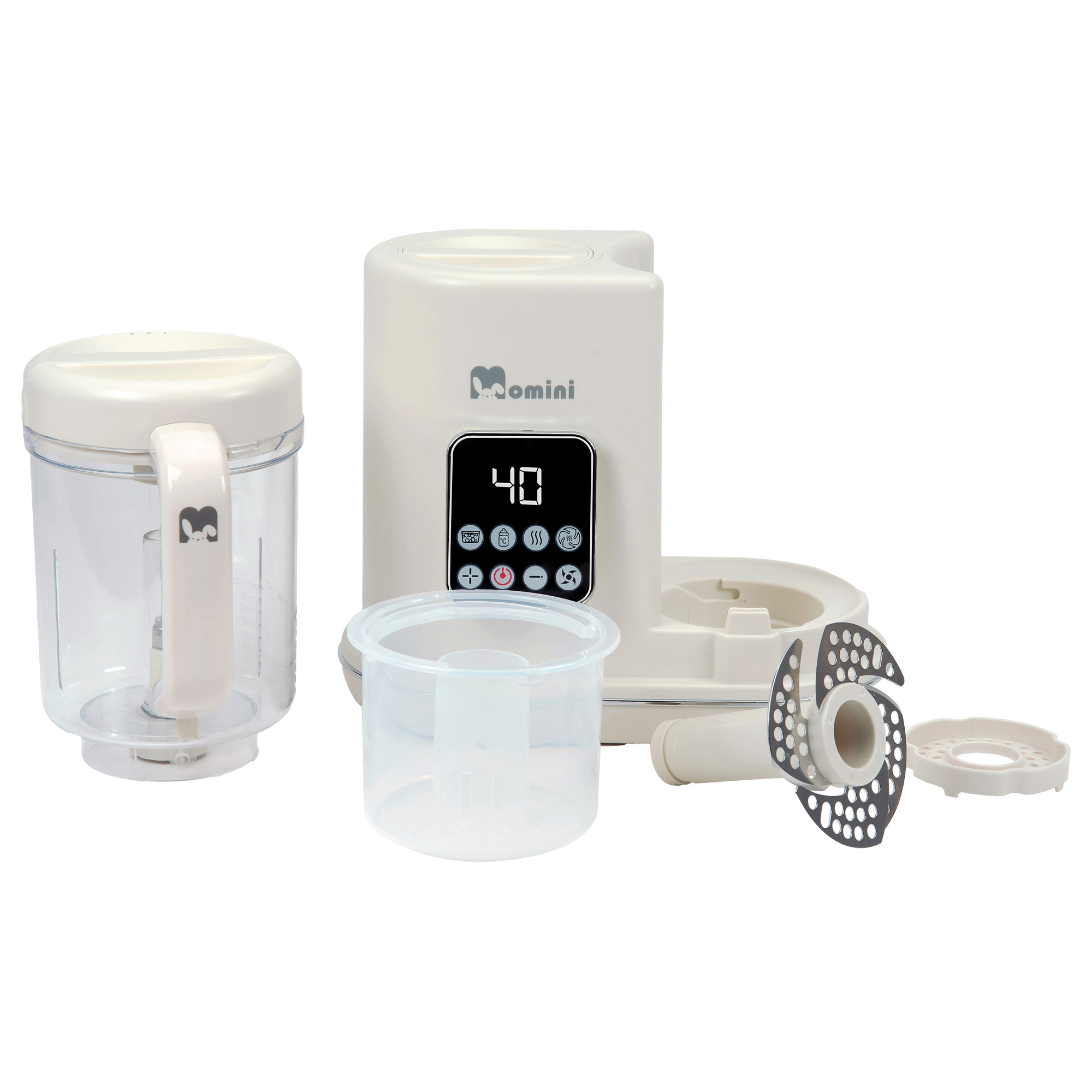 Robot da cucina beige con display digitale, caraffa rimovibile, contenitore trasparente e lama in acciaio inossidabile.