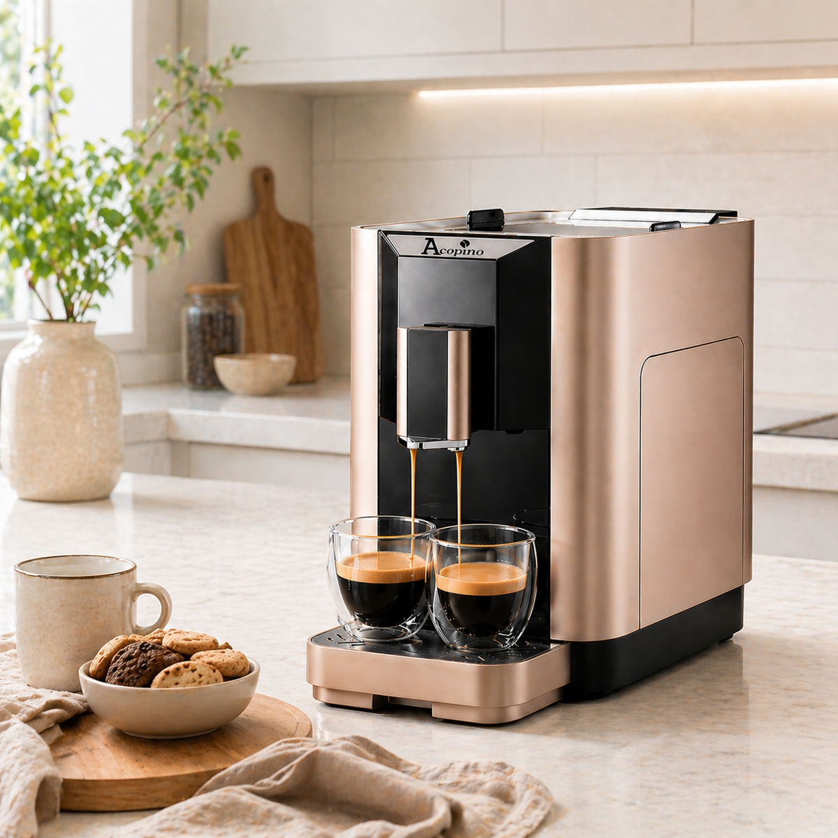 Una moderna macchina da caffè in oro rosa eroga espresso in due bicchieri di vetro su un bancone.