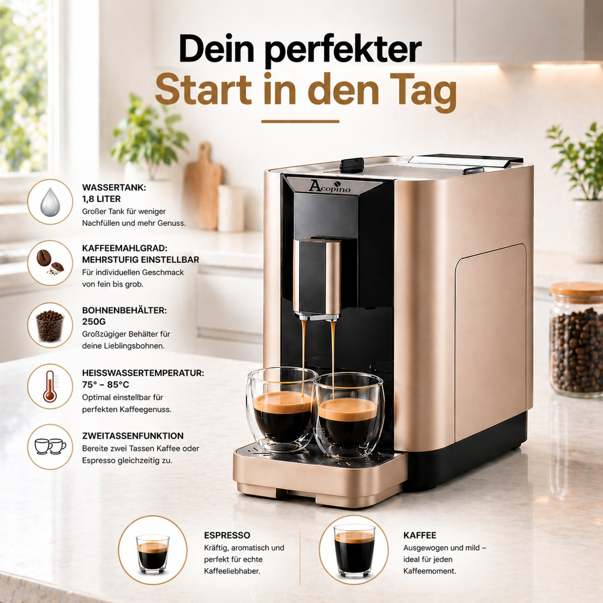 Una macchina da caffè in oro rosa eroga espresso in due tazze di vetro su un piano cucina, con testo e icone.