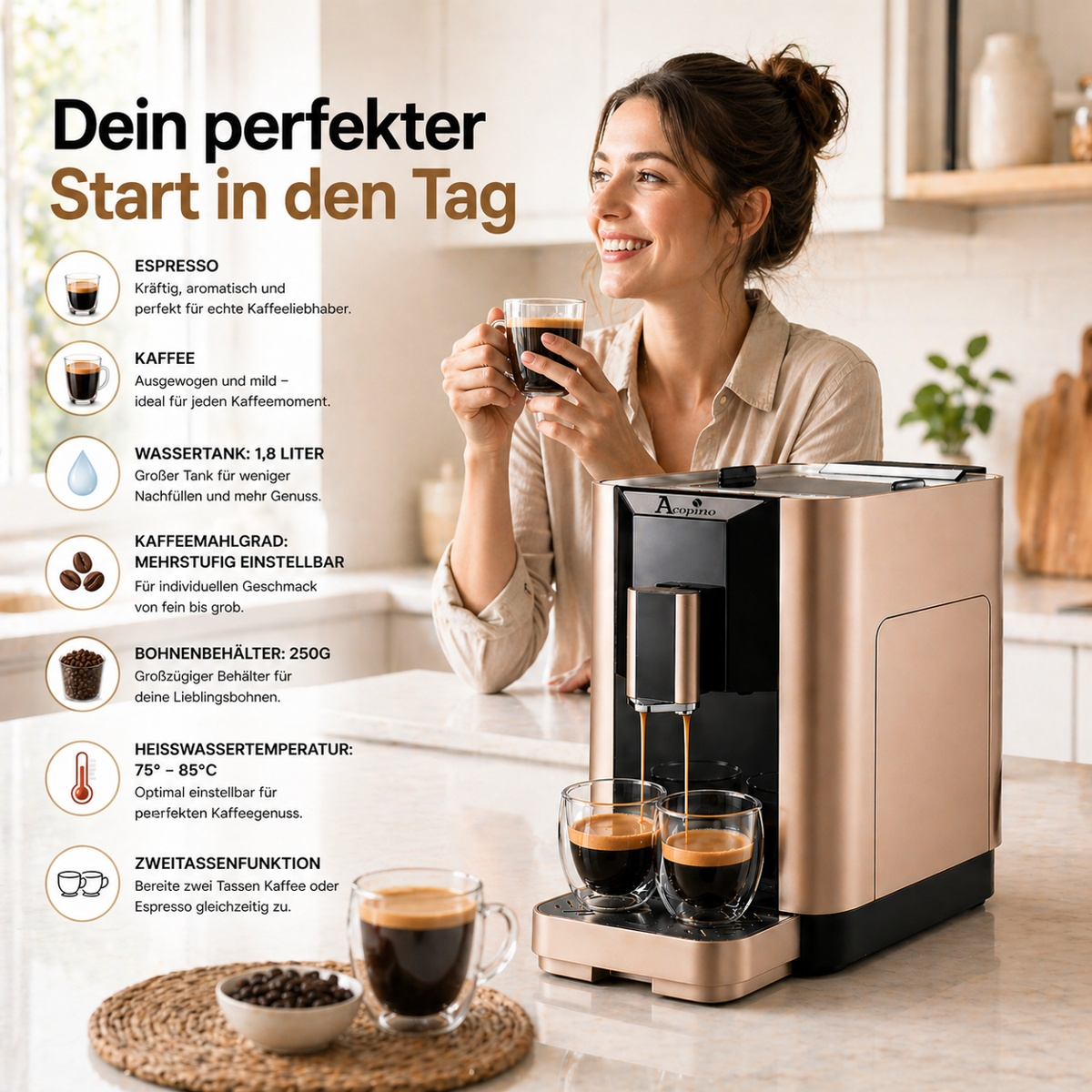 Una donna sorride in cucina mentre una macchina da caffè versa il caffè in due bicchieri, con testo.