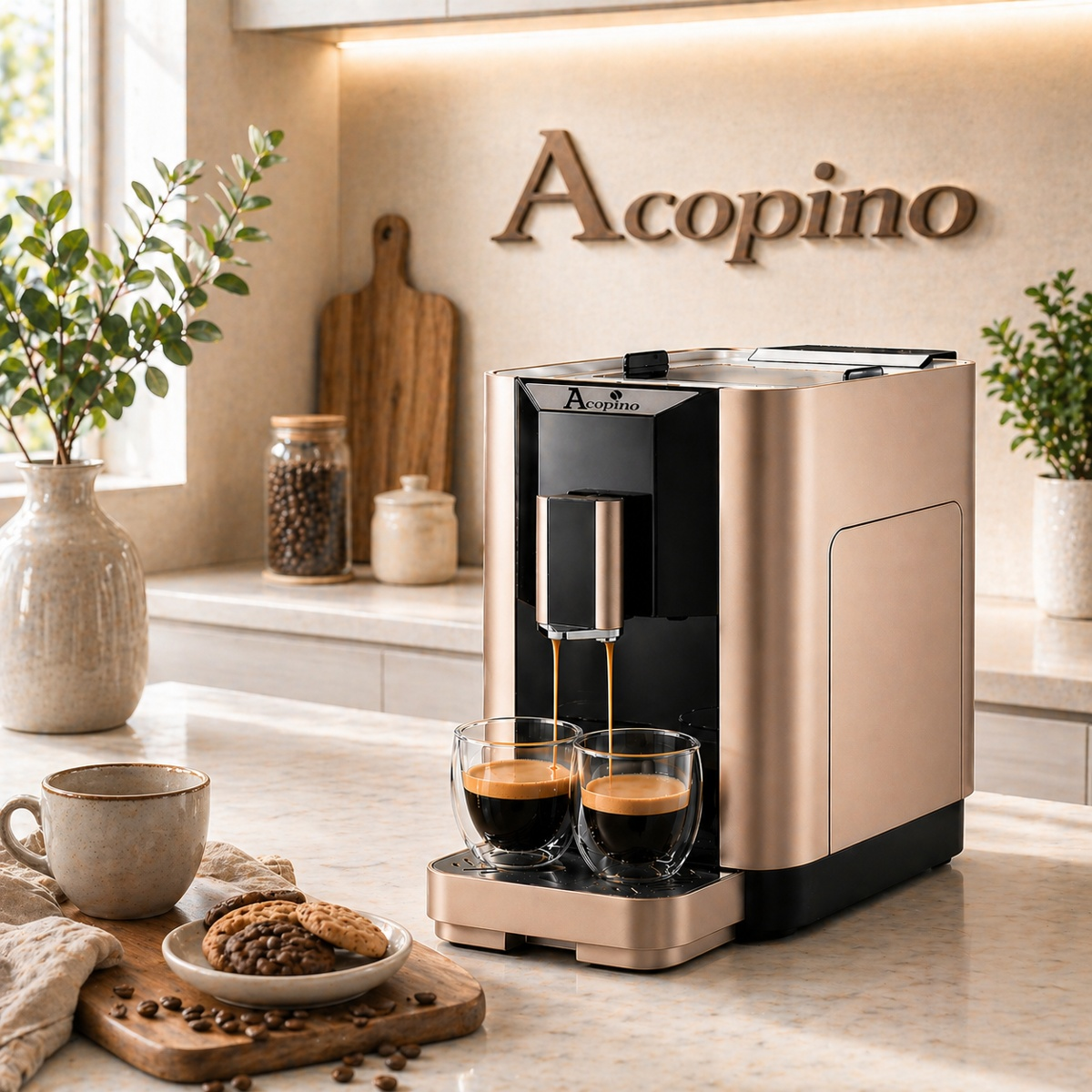 Una macchina da caffè Acopino eroga espresso in due bicchieri su un piano.