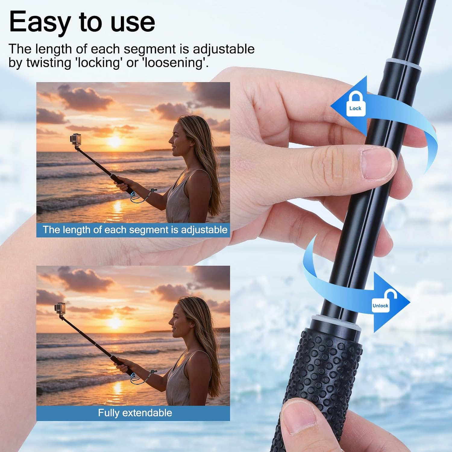 Hand zeigt, wie man einen Selfie-Stick durch Drehen verriegelt oder löst, mit Insets von einer Frau am Strand.