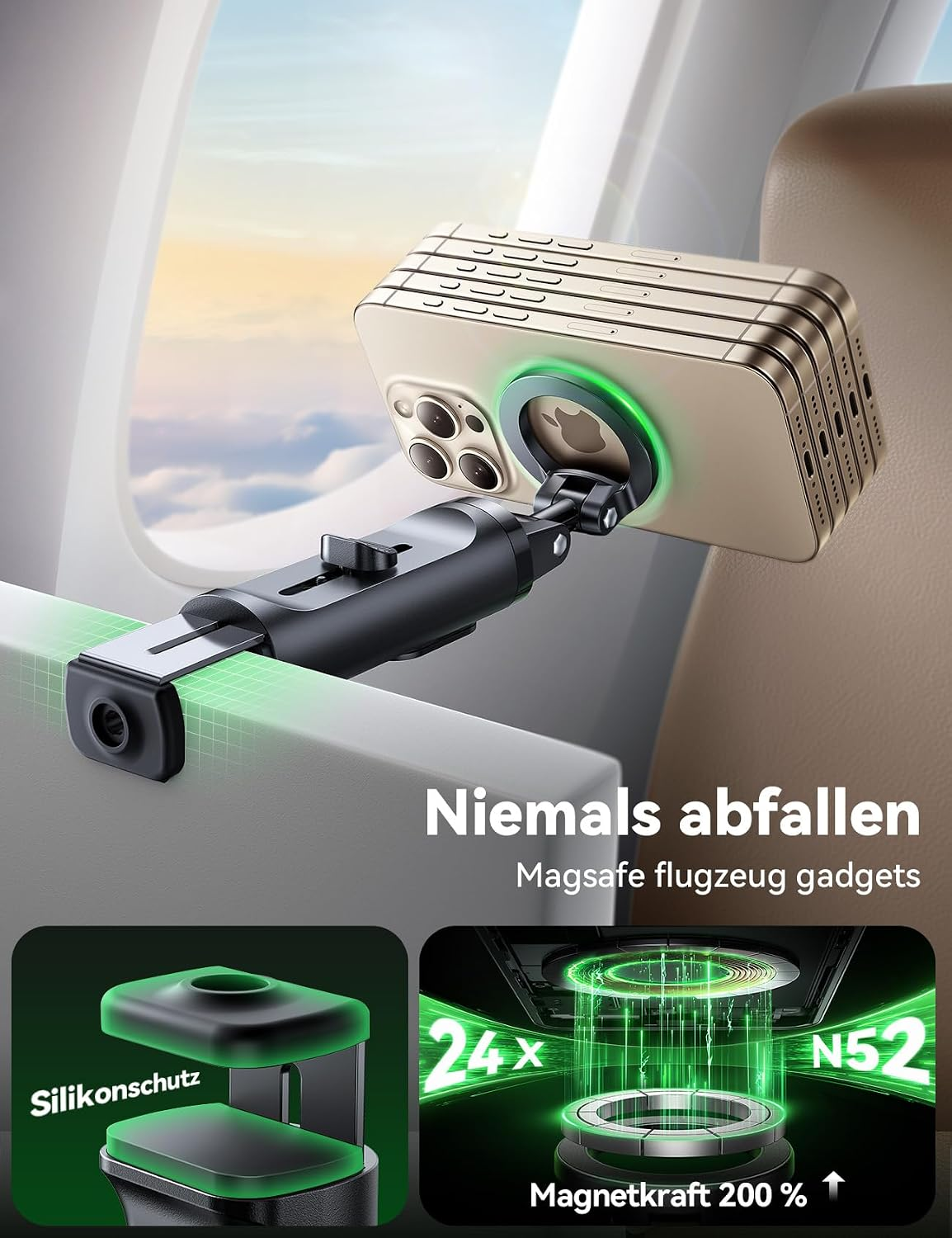 Eine Magnethalterung am Klapptisch hält ein Handy, im Hintergrund ein Flugzeugfenster und Text.