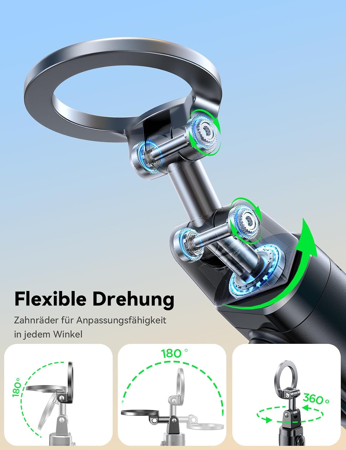 Ein Metallringhalter mit verstellbaren Gelenken zeigt eine 180- und 360-Grad-Drehfähigkeit vor blauem Hintergrund.