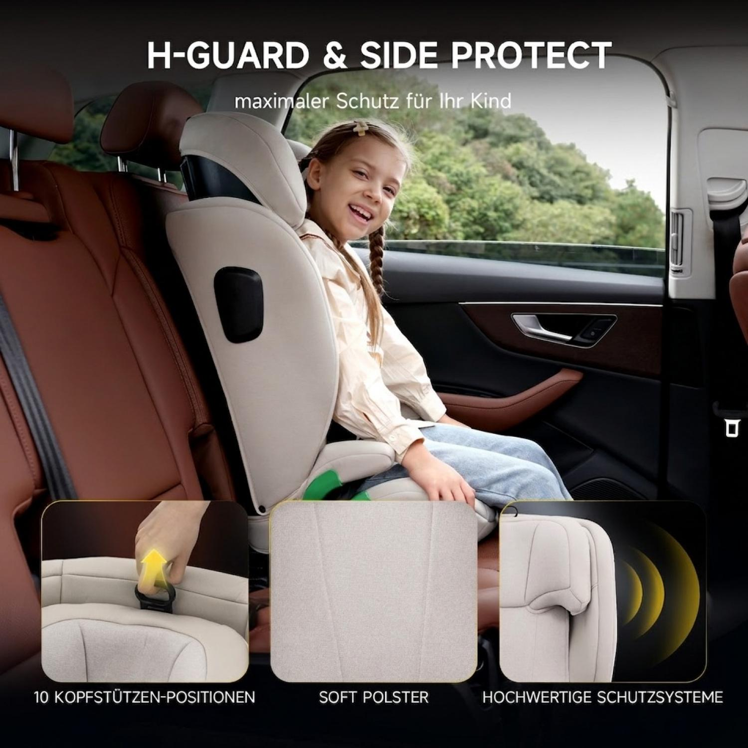 Ein smiling Mädchen sitzt in einem Kinderautositz mit H-Guard- und Side-Protect-Funktionen.