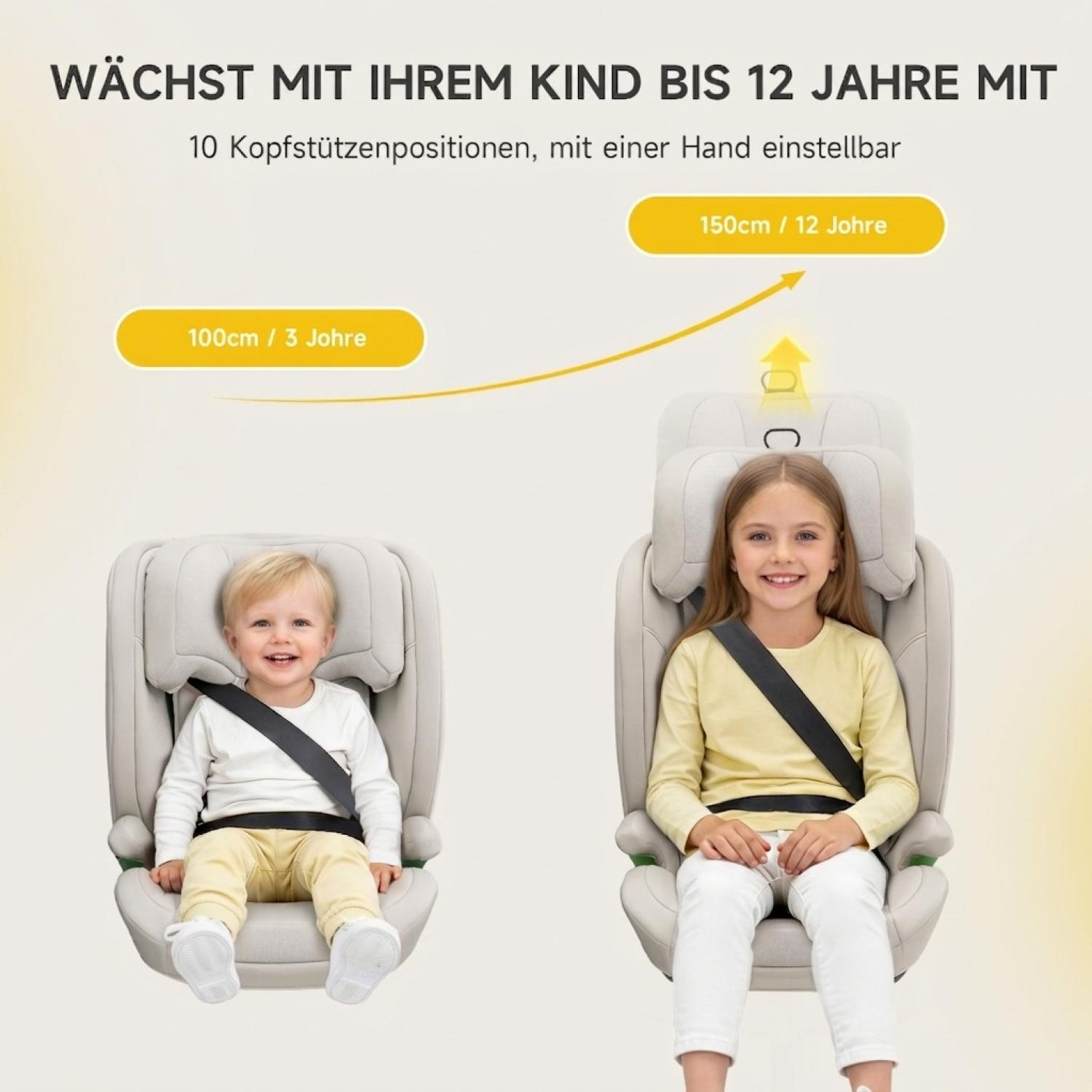 Ein Kindersitz wächst mit, demonstriert von einem Kleinkind und einem älteren Kind.