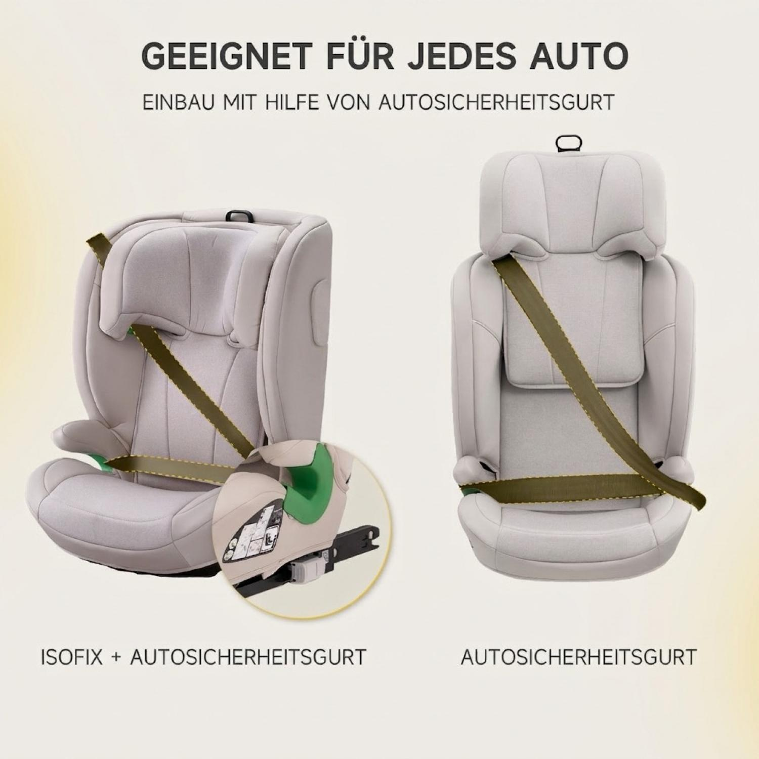 Zwei graue Kindersitze, einer mit Isofix und Gurt, der andere nur mit Autogurt gesichert.