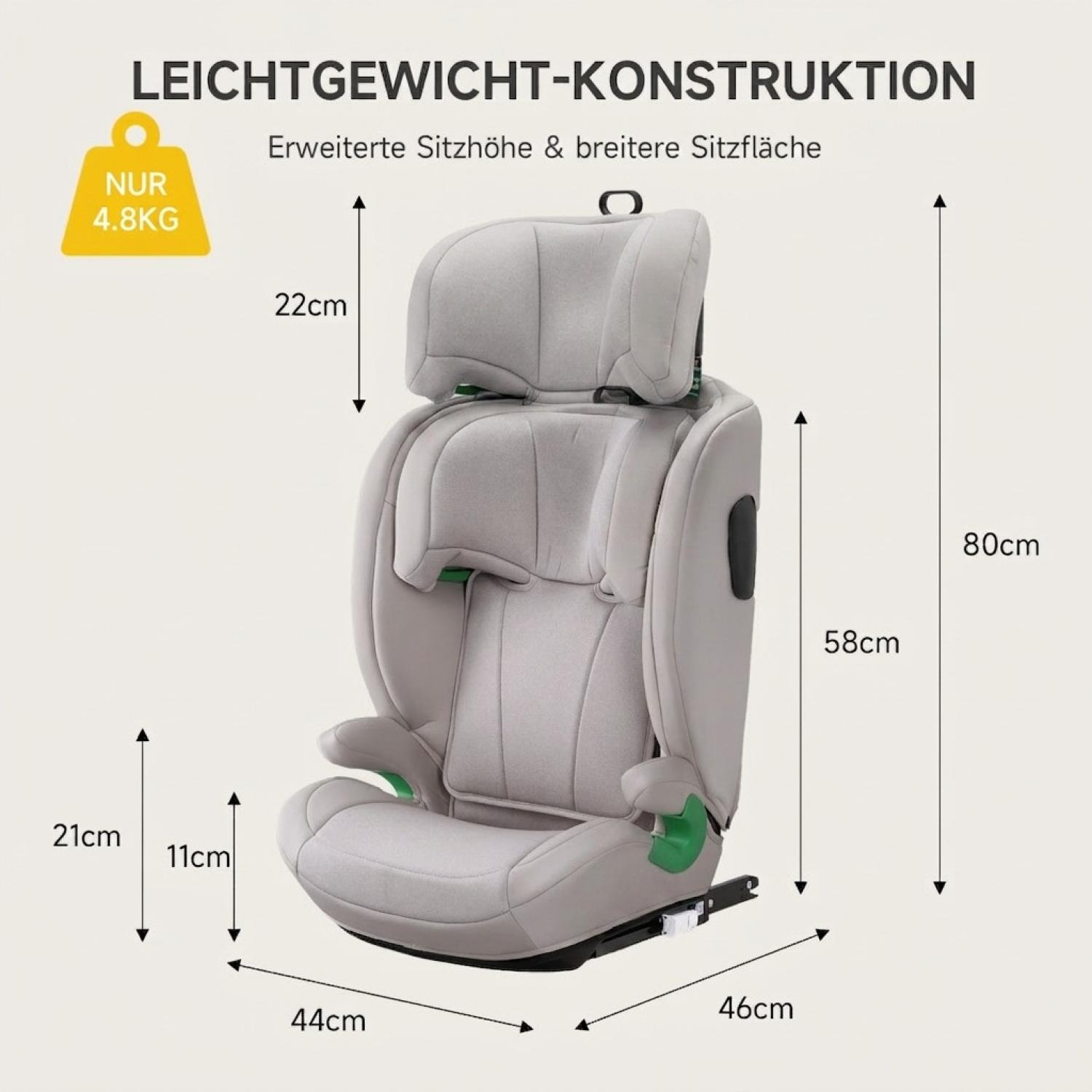 Grauer Kindersitz mit Maßangaben und Gewichtsetikett vor hellem Hintergrund.