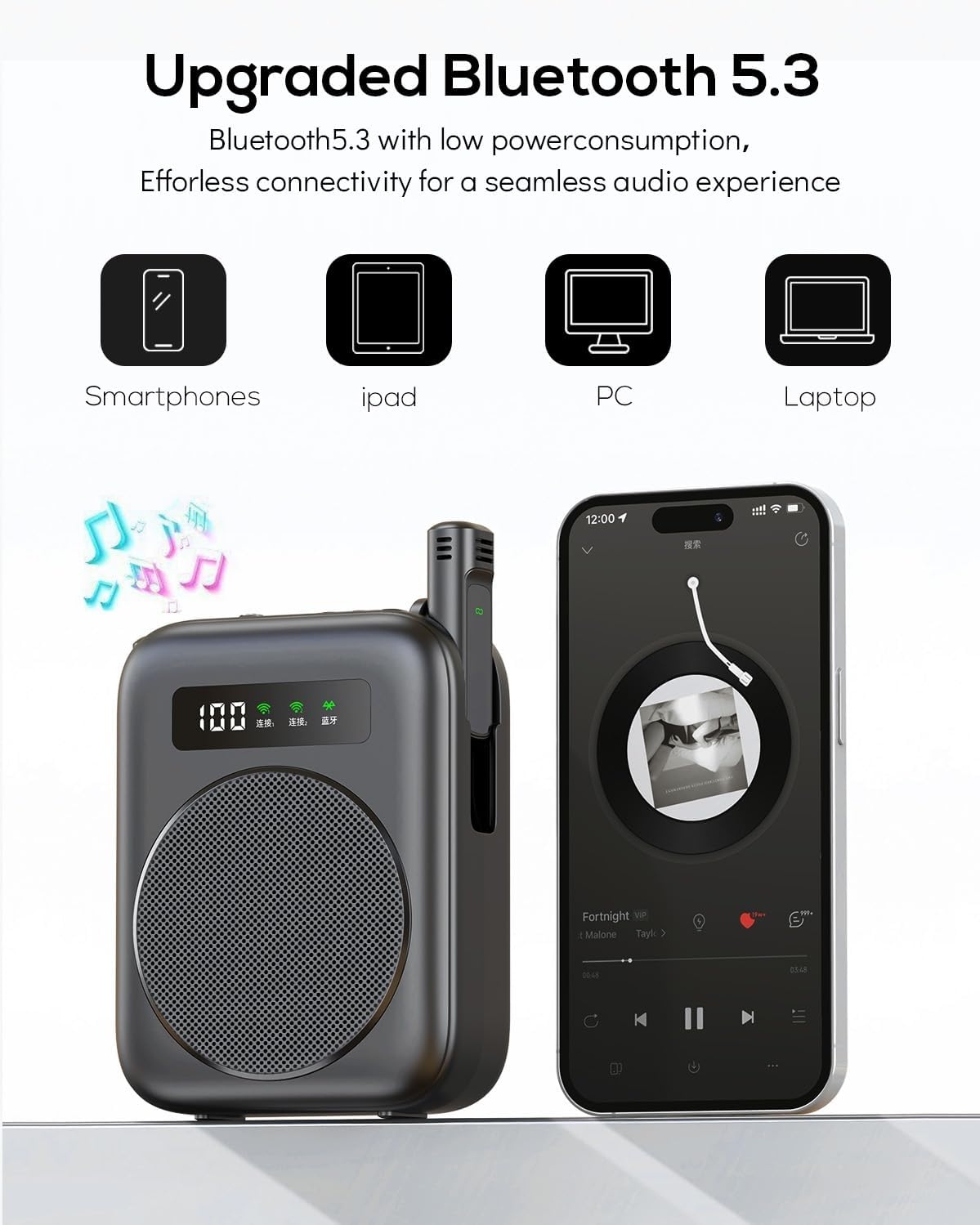 Bluetooth 5.3 Lautsprecher mit Mikrofon und Smartphone-Verbindung.