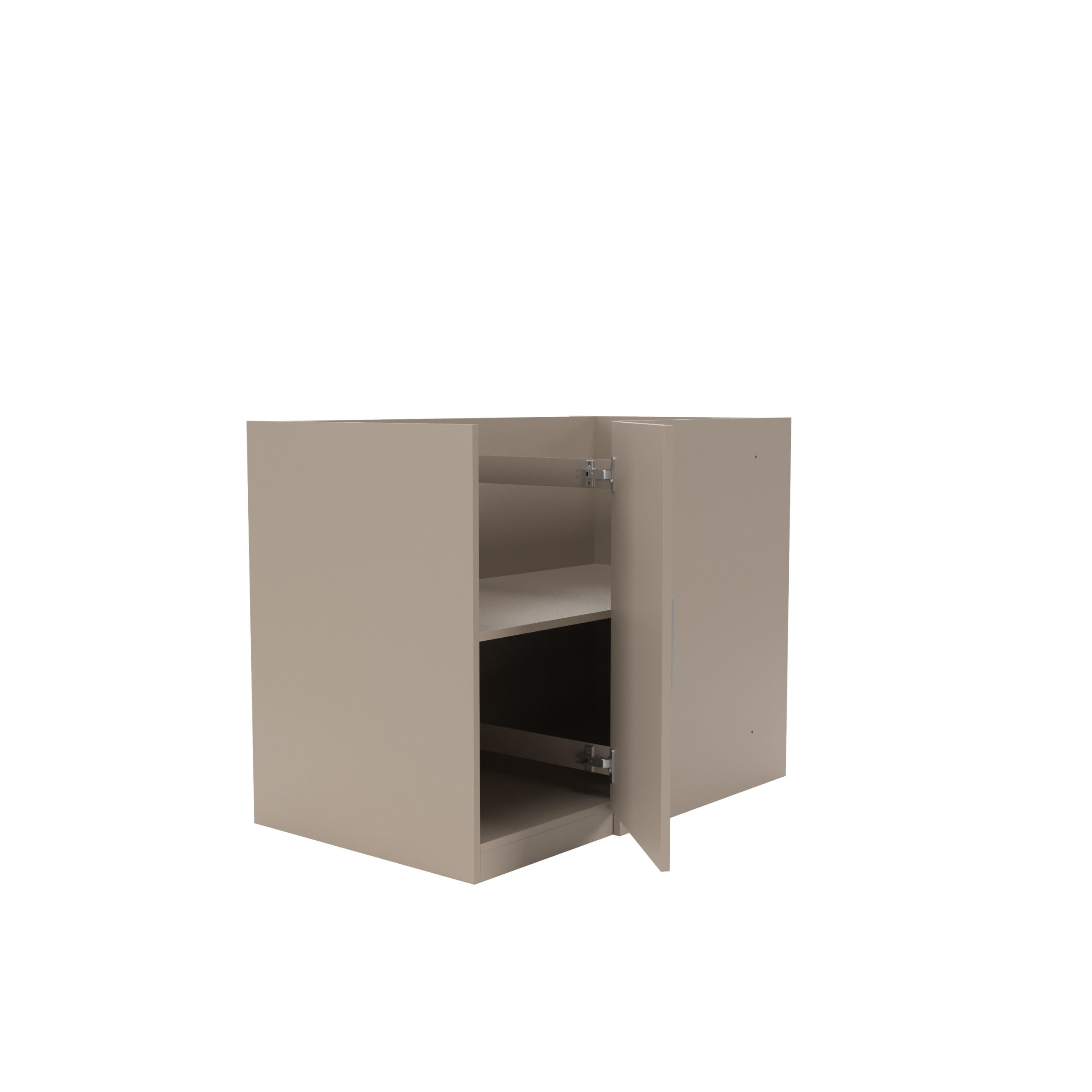 Ein beiger Küchenschrank mit offenem Regal und halb geöffneter Tür auf weißem Hintergrund.