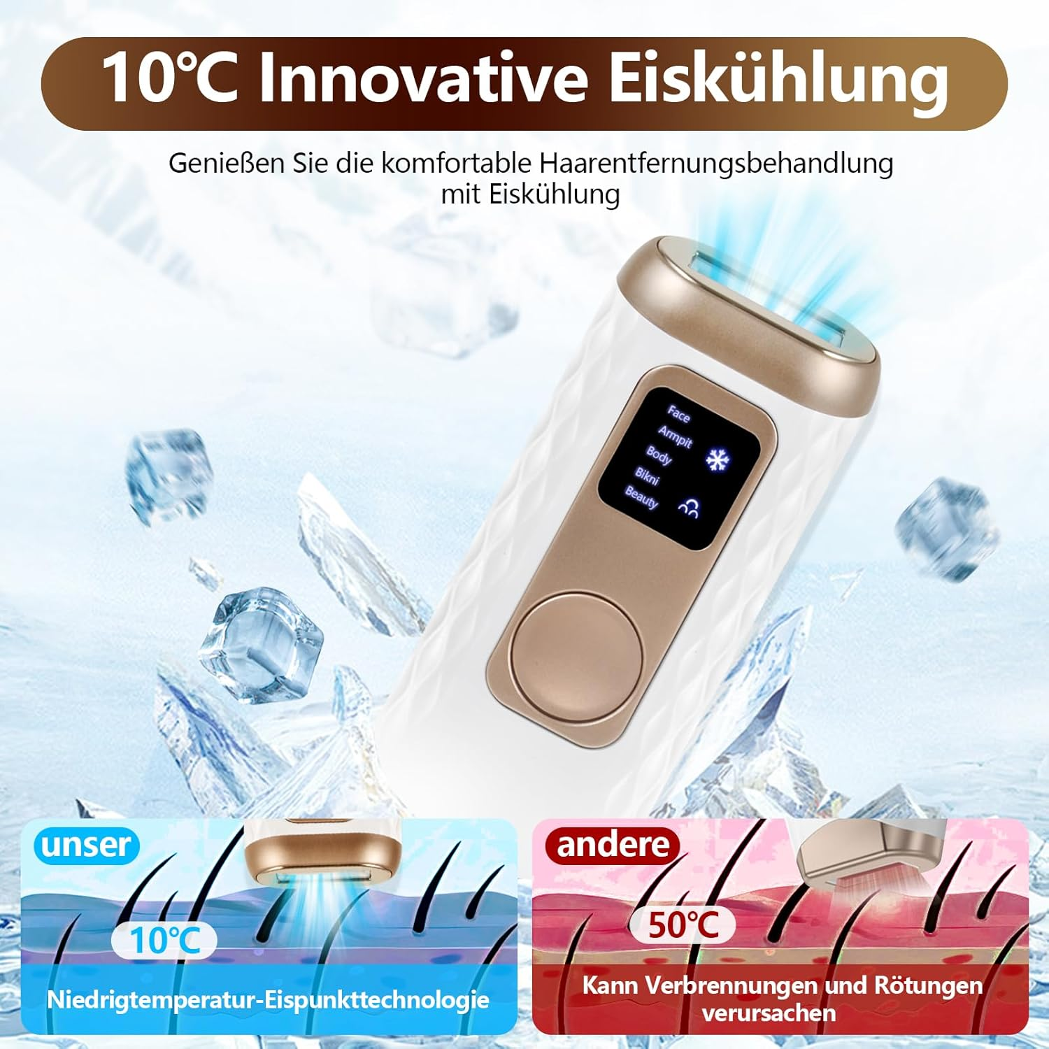 Ein weiß-goldenes Haarentfernungsgerät mit Eiskühlung, umgeben von Eiskristallen.