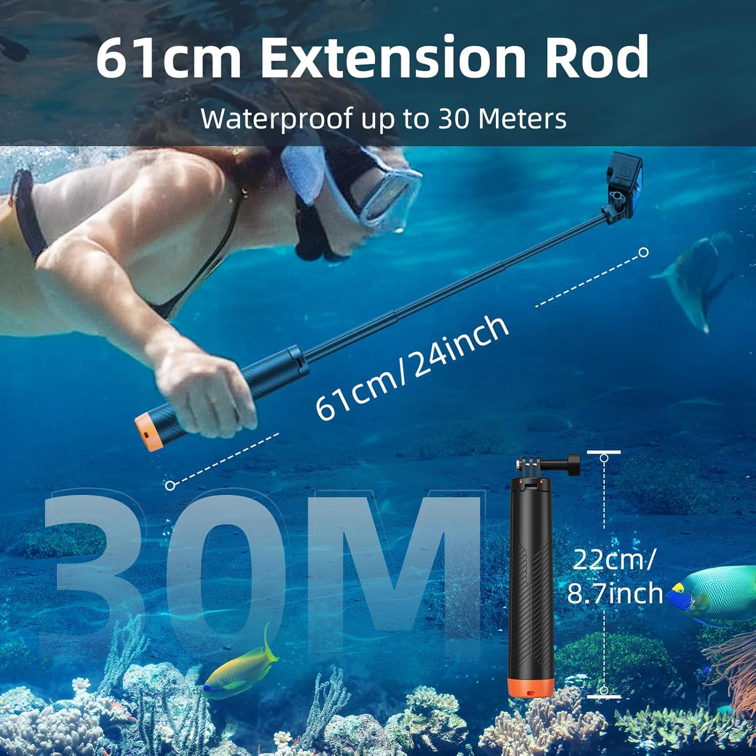 Ein Taucher hält eine 61 cm Verlängerungsstange unter Wasser, bis 30 m wasserdicht, mit Fischen und Korallen.
