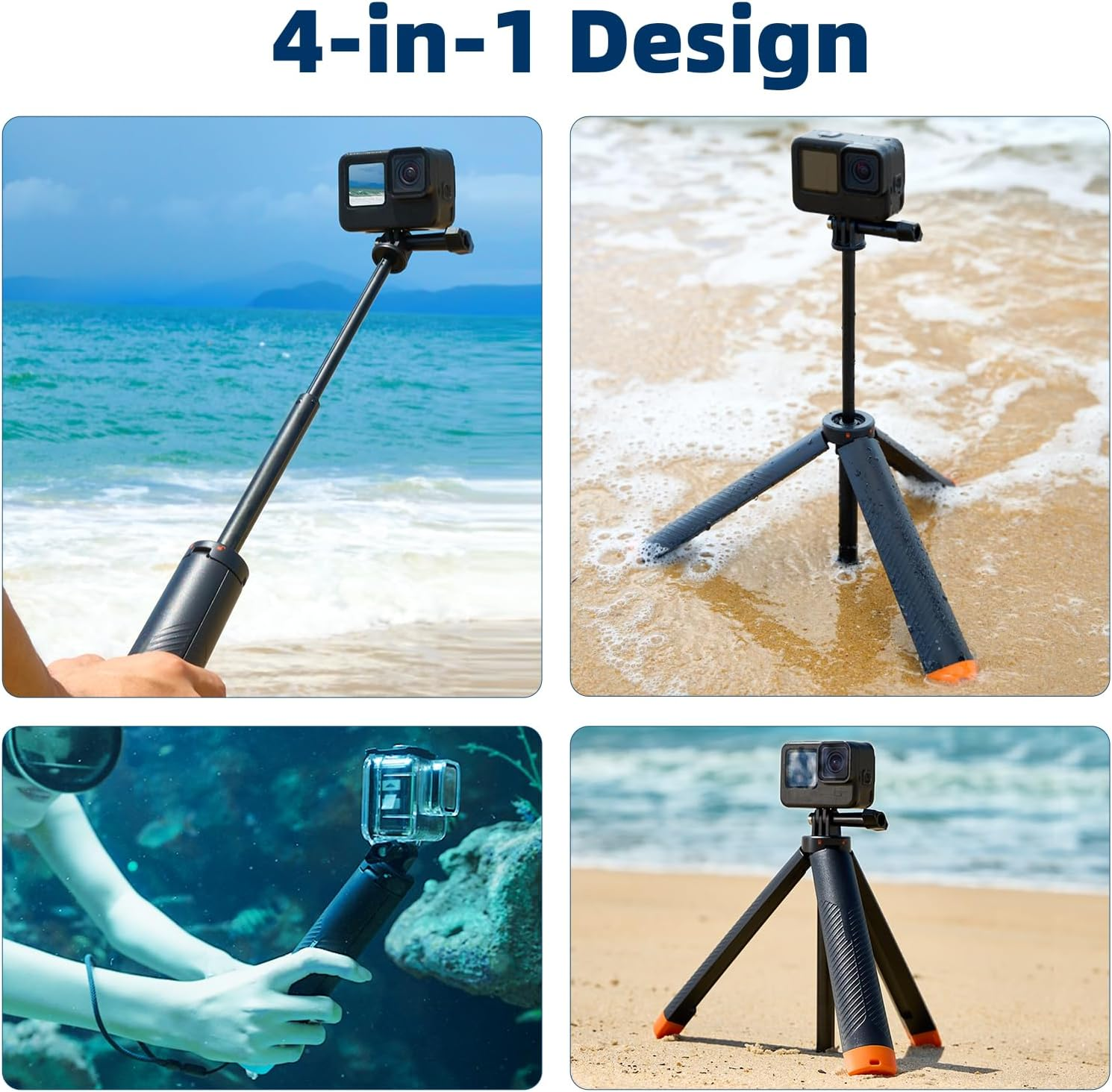 Vier Bilder zeigen ein vielseitiges Stativ mit Action-Kamera im Einsatz am Strand und unter Wasser.